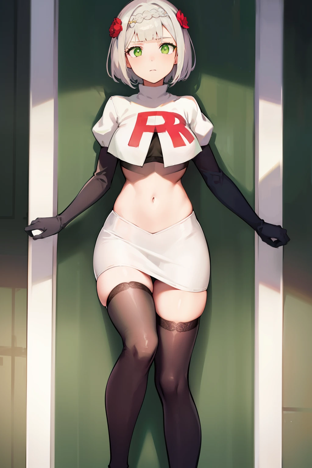 genshinnoelle, noelle, braid, flower, hair flower, hair ornament, short hair, silver hair, (green eyes:1.5),team rocket,team rocket uniform,white skirt,red letter R,crop top,black thigh-highs,black elbow gloves