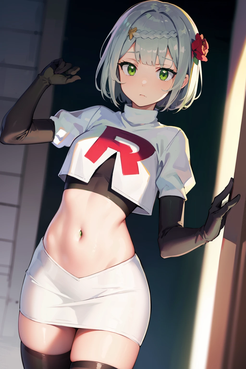 genshinnoelle, noelle, braid, flower, hair flower, hair ornament, short hair, silver hair, (green eyes:1.5),team rocket,team rocket uniform,white skirt,red letter R,crop top,black thigh-highs,black elbow gloves 