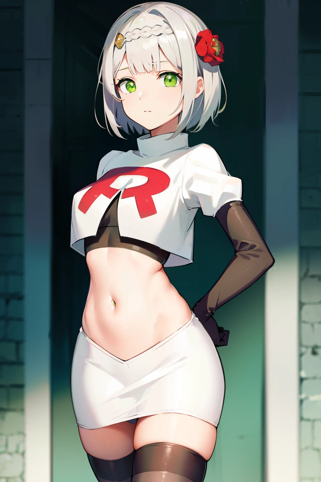 genshinnoelle, noelle, braid, flower, hair flower, hair ornament, short hair, silver hair, (green eyes:1.5),team rocket,team rocket uniform,white skirt,red letter R,crop top,black thigh-highs,black elbow gloves 