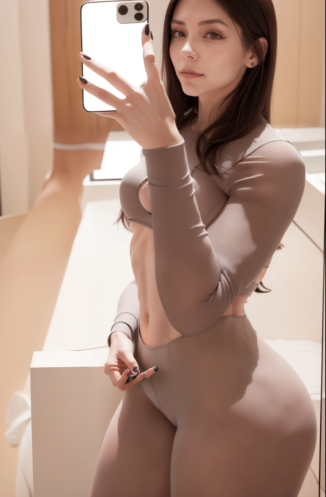 araffe woman in tight pants taking a selfie in a mirror, tight outfit, tight fit, fit pic, tight attire, anna nikonova aka newmilky, crop shirt and strong abs, fit girl, skinny waist and thick hips, tight shirt, by Emma Andijewska, wearing tight simple clothes, wearing tight shirt, angelina stroganova