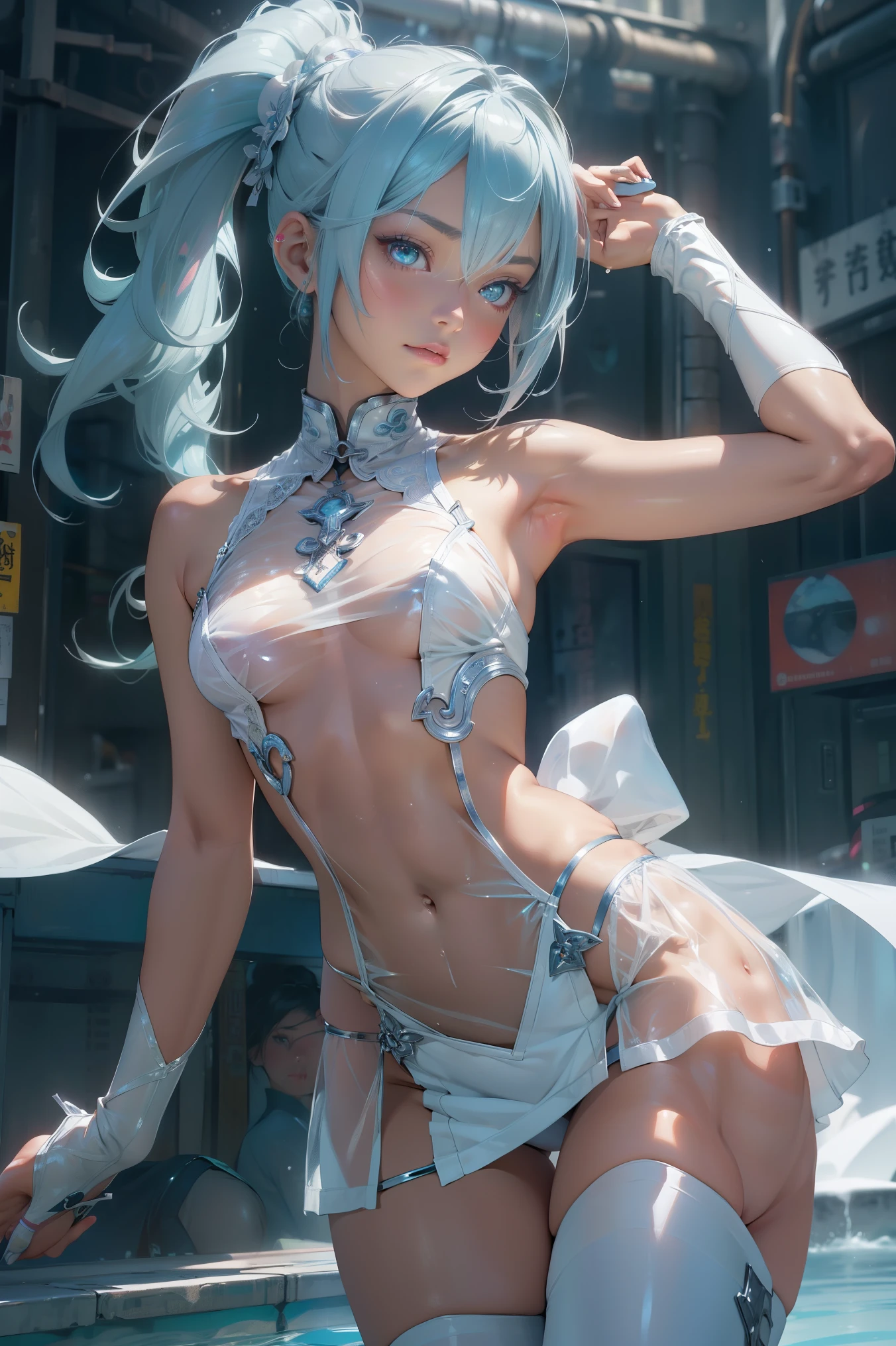 (quality)), ((masterpiece)), Recommended results、puffy nipples、(see through:1.5)、straighten your back、abdominal muscles、huge bust、angle to floor:1.2、Low photographic angle、Hair loss on crotch，Hatsune Miku，cyberpunk,maid ((1 girl)), attractive nipples),big breasts:1.4),Breast sagging,Colored inner hair，))),((Pale nipple skin,),White translucent metallic leather,),skin shiny:1.5,bright skin: 1.5,skin shiny,very skin shiny,shining body,white plastic glitter skin，),(lower abdomen,Yao Liu,wide hips,detailed body,(Detailed face)),maidennurse，Delicate metal decoration,sleeveless,mini skirt,boots,high resolution, sharp focus,(super detailed, Very detailed), (realistic artwork:1.37),(Very detailed CG unity 8k wallpaper,(((bright colors))),(masterpiece),(最好的quality),perfect face,Perfect facial details,super saiyan，cheongsam ，Kung Fu Girl