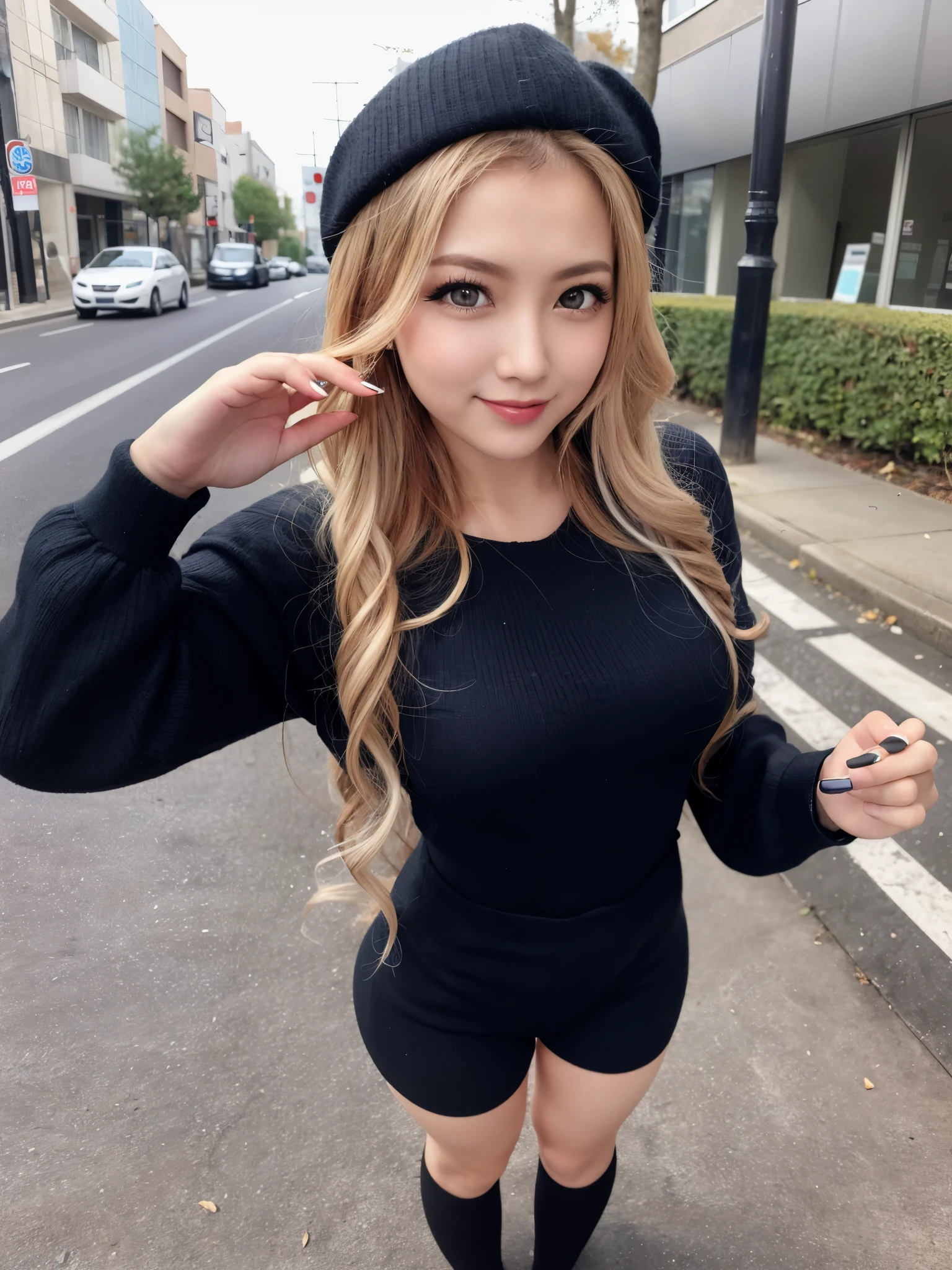 (Raw photo,realisitic, Photorealsitic: 1.4, masterpiece, best quality), 8K, 1 Beautiful Japanese gal, solo, 20years old, Charming Smile, Pretty Medium breasts, Beautiful detailed round eyes, Drooping Eyes1.4, Long blonde hair, wavy hair, (Highly Detailed Face and Skin Texture), dark skin, ndge, tight clothing, knit short onepeace, street, day, sunny day, full body, random charming posing, (looking at viewer:1.4)