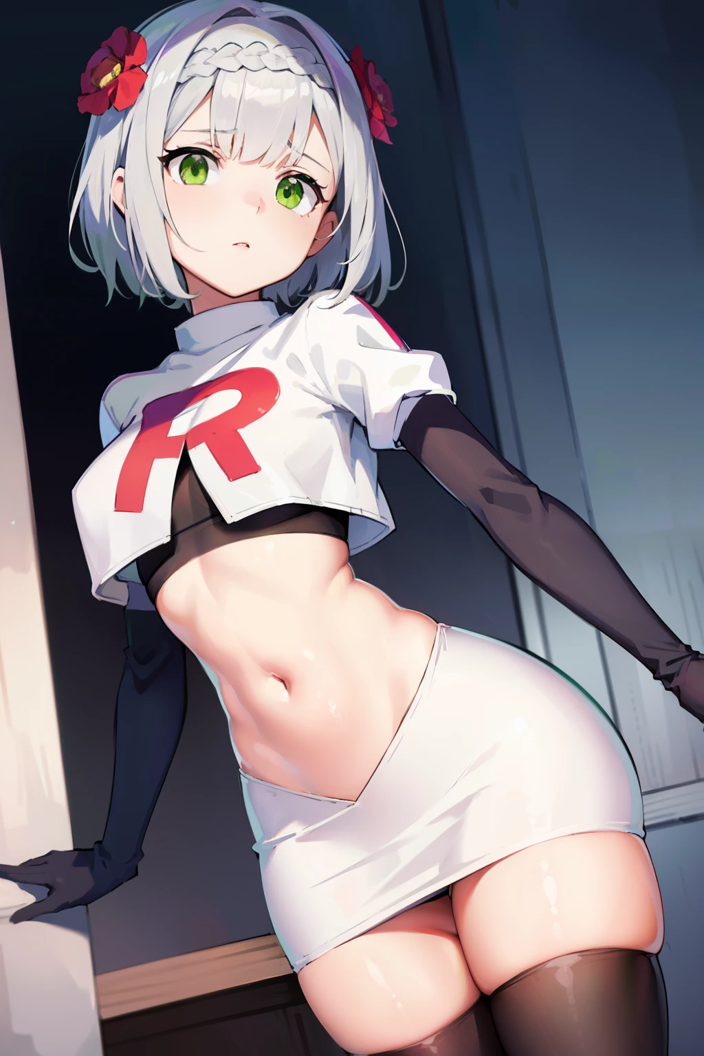 genshinnoelle, noelle, braid, flower, hair flower, hair ornament, short hair, silver hair, (green eyes:1.5),team rocket,team rocket uniform,white skirt,red letter R,crop top,black thigh-highs,black elbow gloves 