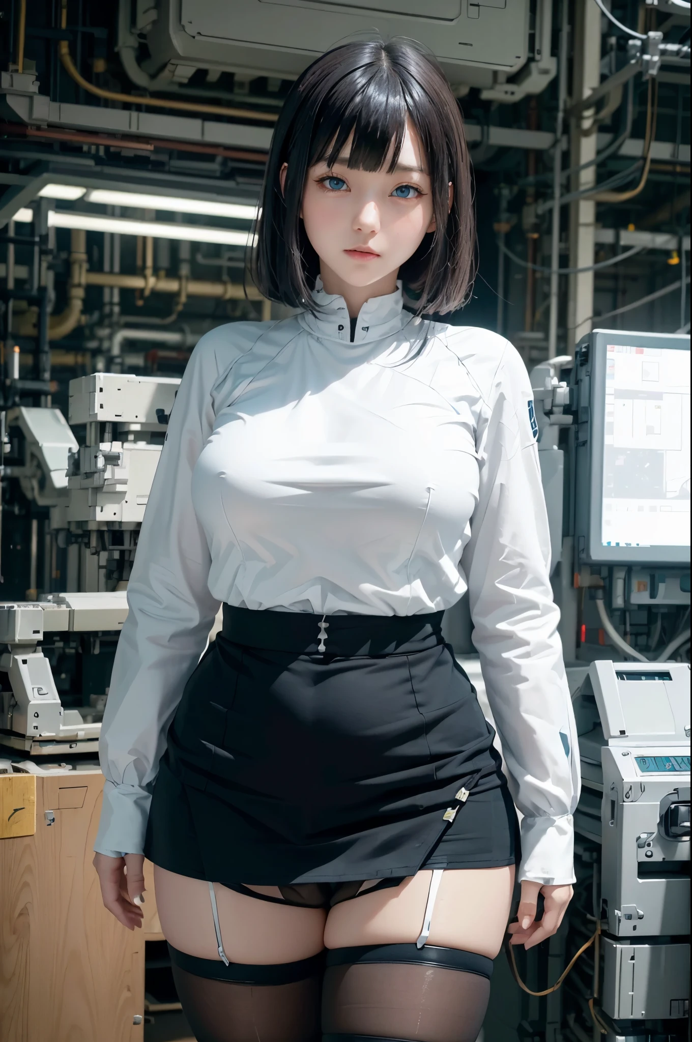 masterpiece, best quality, extremely detailed, Japanese android girl,Plump ,control panels,Mechanical Hand,Robot arms and legs, robot assembly plant,white robot body,blunt bangs,skirt,black knee high socks,blue eyes