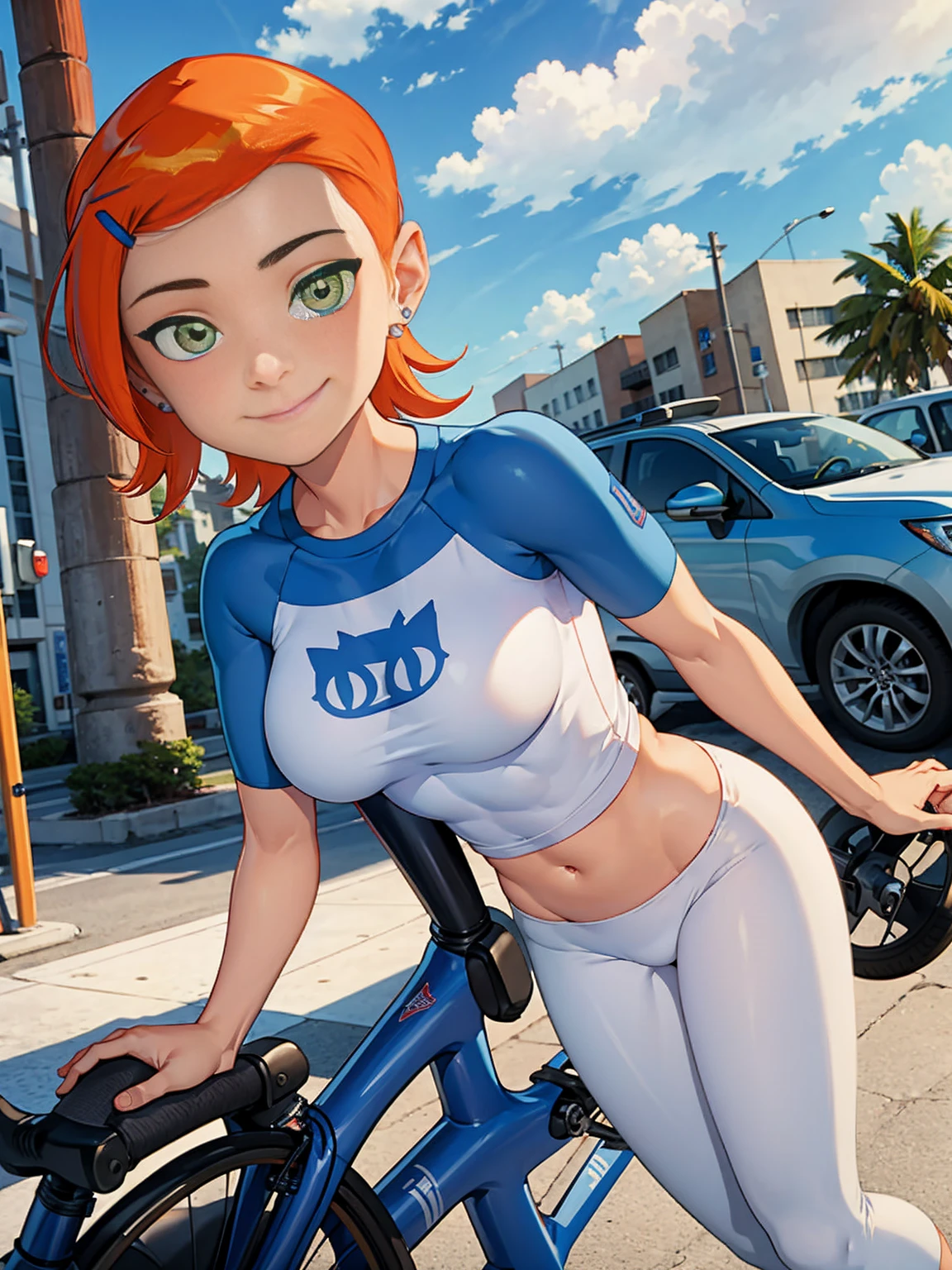 (masterpiece, 1girl, solo), (high quality), 8k, perfect eyes, perfect face, long sleeves,  light blue shirt,  pants, standing, teasing smile, short shirt, in the street, front of beach, cat logo in shirt,(((muscular, fitness, big breasts))),
