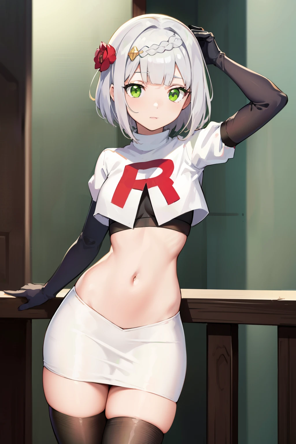 genshinnoelle, noelle, braid, flower, hair flower, hair ornament, short hair, silver hair, (green eyes:1.5),team rocket,team rocket uniform,white skirt,red letter R,crop top,black thigh-highs,black elbow gloves 