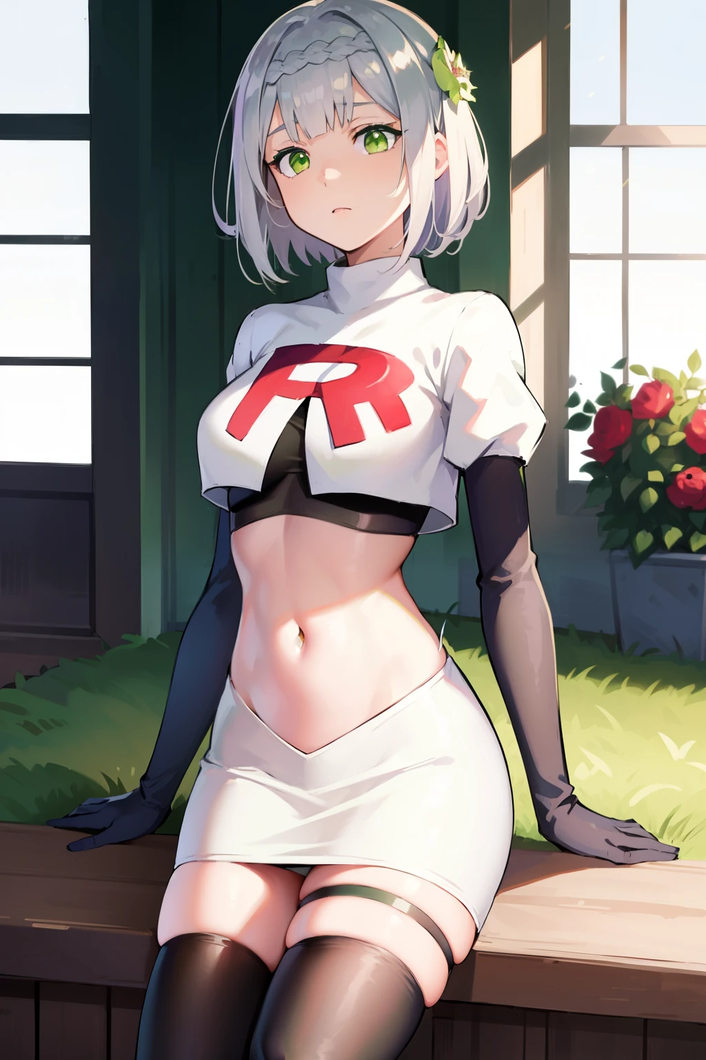 genshinnoelle, noelle, braid, flower, hair flower, hair ornament, short hair, silver hair, (green eyes:1.5),team rocket,team rocket uniform,white skirt,red letter R,crop top,black thigh-highs,black elbow gloves 