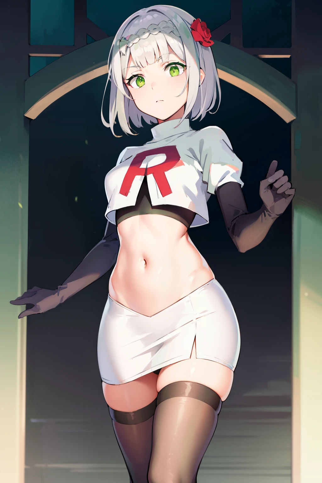 genshinnoelle, noelle, braid, flower, hair flower, hair ornament, short hair, silver hair, (green eyes:1.5),team rocket,team rocket uniform,white skirt,red letter R,crop top,black thigh-highs,black elbow gloves 