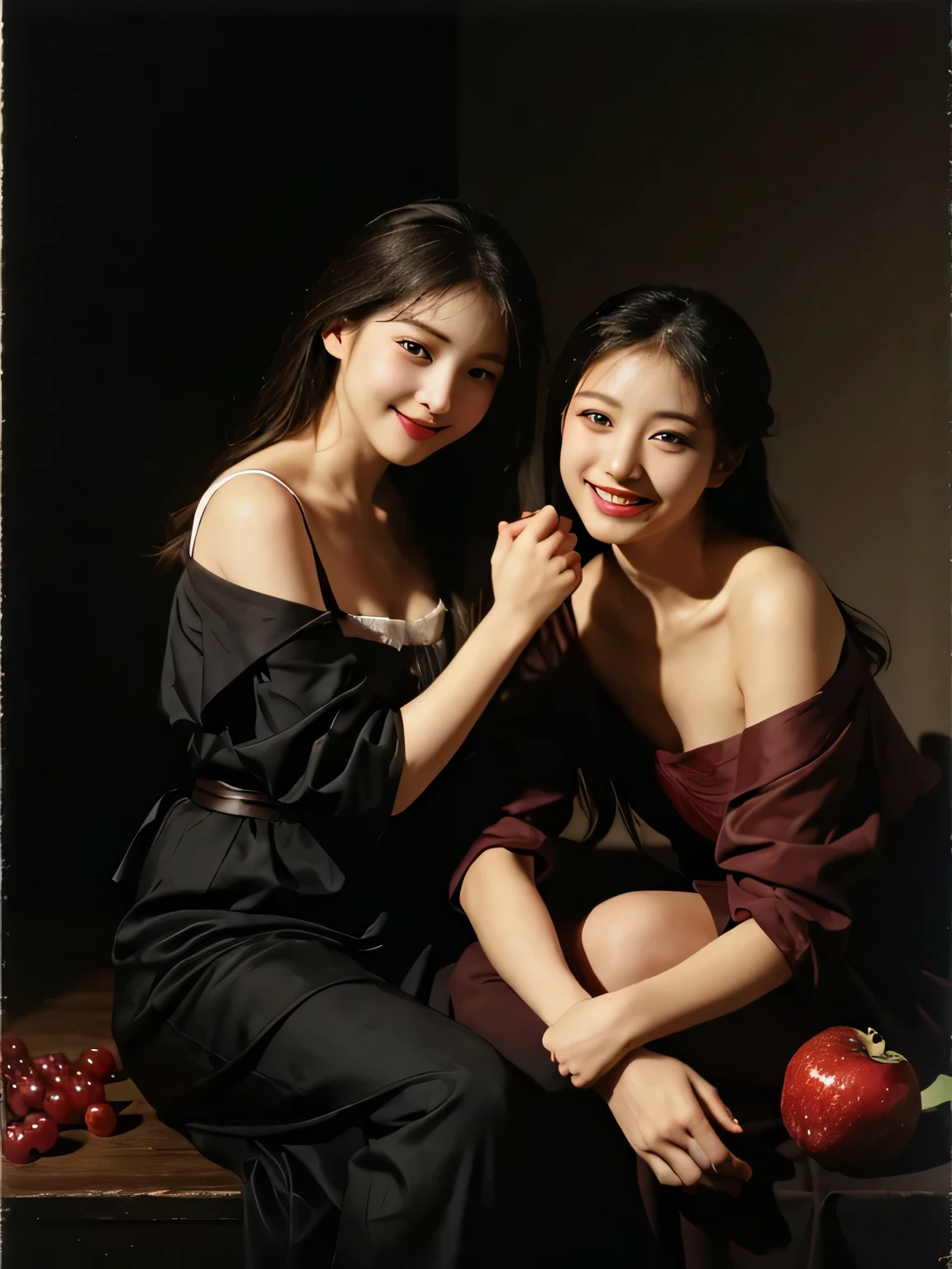 full body portrait ,fruits,Grapes,Rosa,antique,A smile,,Sweet and seductive appearance.、Caravaggio's paintings、Chiaroscuro of Caravaggio,Two women frolicking,Cute smile, Expression of ecstasy