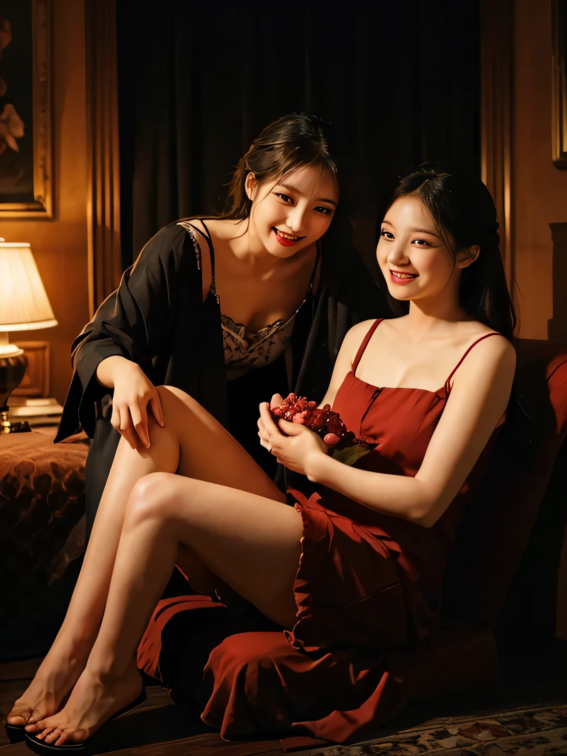 full body portrait ,fruits,Grapes,Rosa,antique,A smile,,Sweet and seductive appearance.、Caravaggio's paintings、Chiaroscuro of Caravaggio,Two women frolicking,Cute smile, Expression of ecstasy