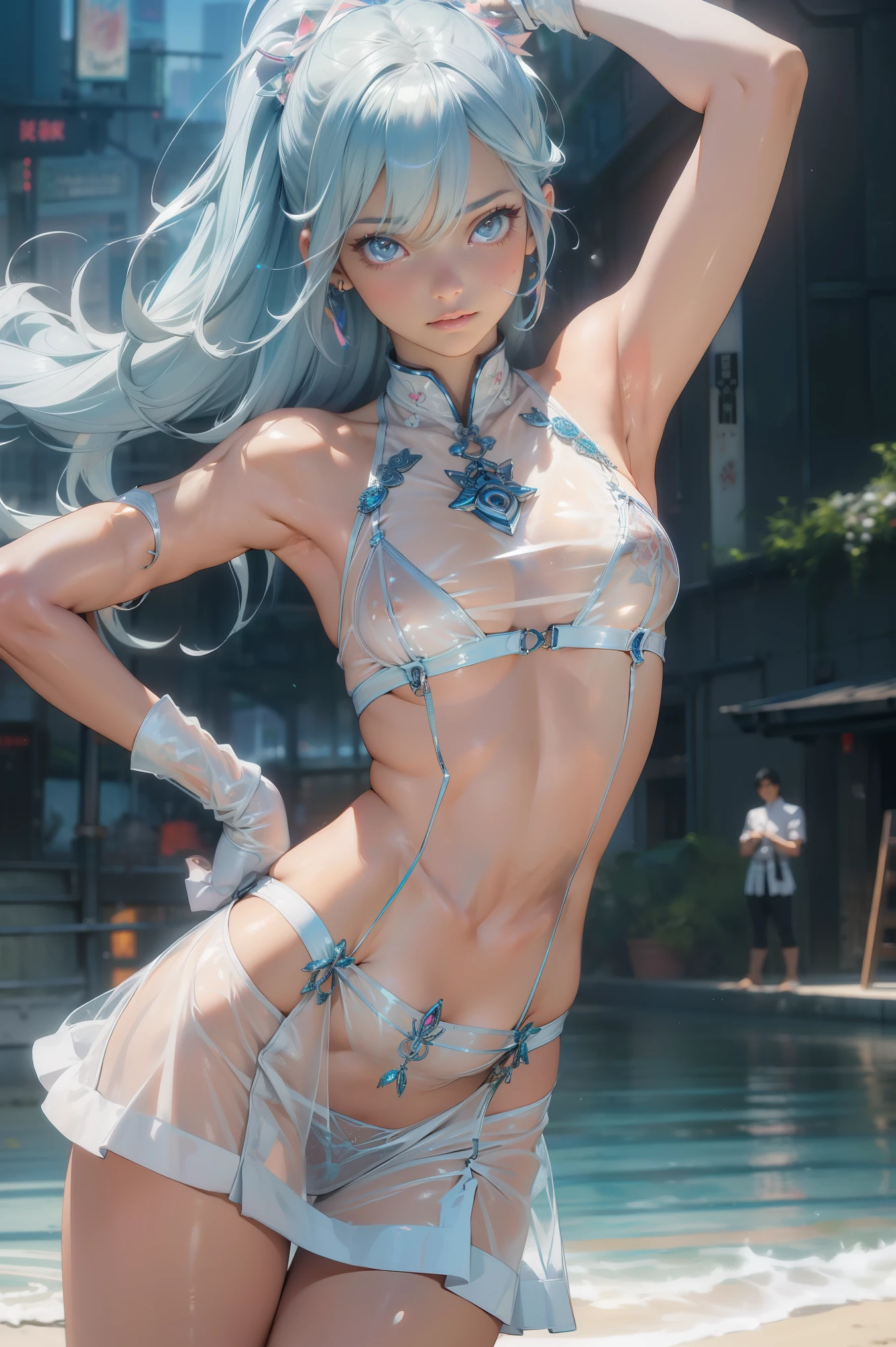 (quality)), ((masterpiece)), Recommended results、puffy nipples、(see through:1.5)、straighten your back、abdominal muscles、huge bust、angle to floor:1.2、Low photographic angle、Hair loss on crotch,Hatsune Miku,cyberpunk,maid ((1 girl)), attractive nipples),big breasts:1.4),Breast sagging,Colored inner hair,))),((Pale nipple skin,),White translucent metallic leather,),skin shiny:1.5,bright skin: 1.5,skin shiny,very skin shiny,shining body,white plastic glitter skin,),(lower abdomen,Yao Liu,wide hips,detailed body,(Detailed face)),maidennurse,Delicate metal decoration,sleeveless,mini skirt,boots,high resolution, sharp focus,(super detailed, Very detailed), (realistic artwork:1.37),(Very detailed CG unity 8k wallpaper,(((bright colors))),(masterpiece),(最好的quality),perfect face,Perfect facial details,super saiyan,cheongsam ,Kung Fu Girl