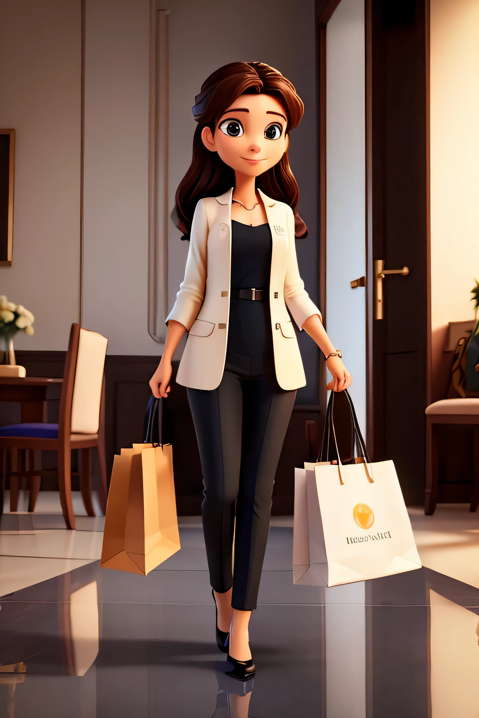 It portrays an incredible woman: aged 32, dedicated mother, professional and lover of shopping. In a modern environment, your posture reflects dynamism and purpose. With a radiant expression, elegant hair and chic clothes, she balances motherhood and a busy lifestyle. Highlight your love for shopping with elegant bags, conveying duality between taking care of yourself and your . Illuminate your face in a captivating way, ensuring it fits perfectly into your brand's unique identity.