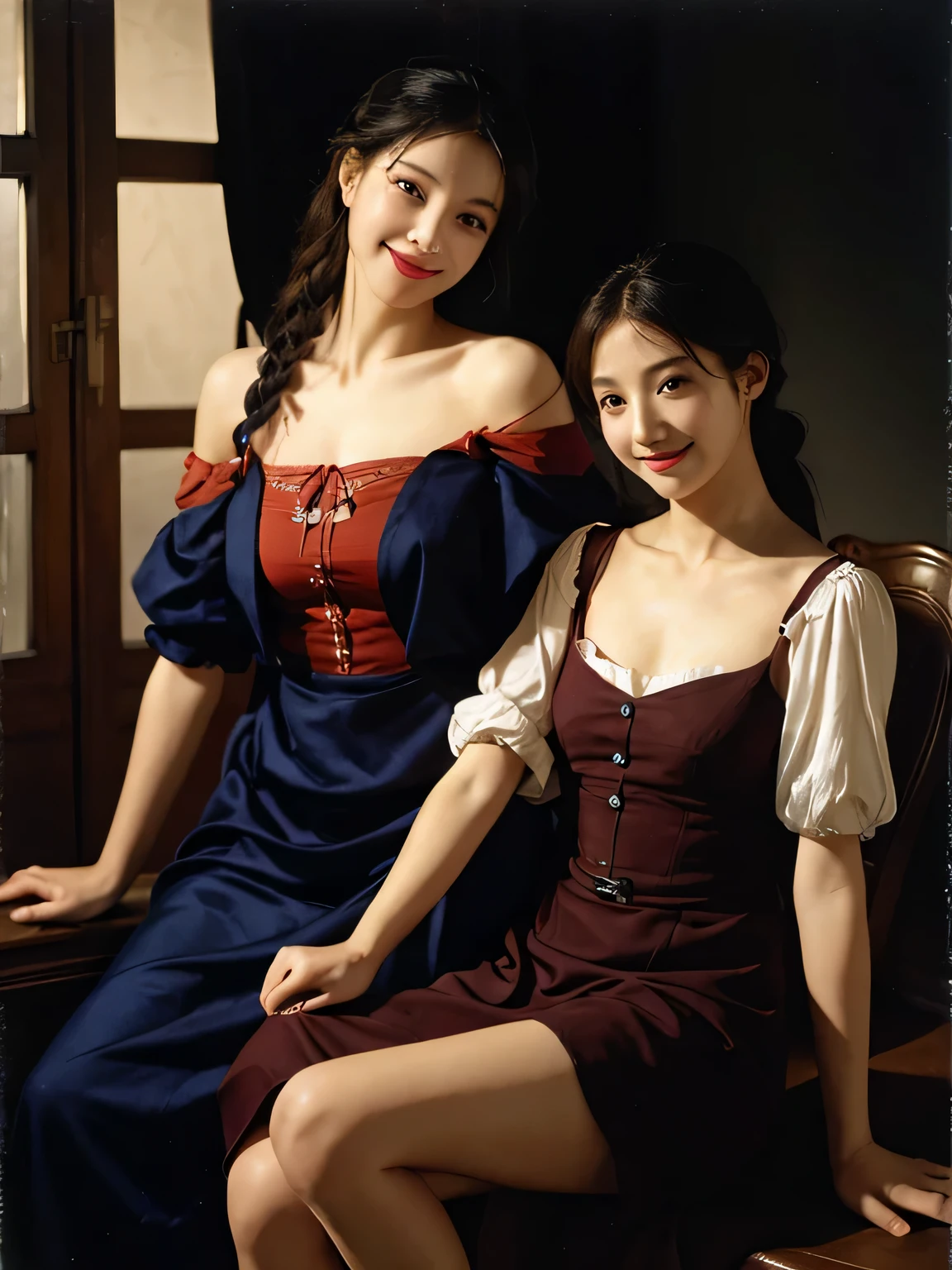 2 girls，（(((A mature woman)))，(Clothes are torn and exposed :1.4)，Expose tiny underwear， red capelet，Red hat，laced dress，redhood, capes, Big breasts corset, a skirt, reddress，Carrying a basket of fruits，Background with：exteriors，natural  lightting, Candy   House，a fairy world，the dark forest，Wooden house in the distance，Huge wolf head on rough wooden table，Glass jars filled with candy,  whimsical world, 8K, k hd, 详细的脸, 詳細な目，hyper realisitc, + Cinema lenses + dynamic compositions, Huge beasts，Mature female figure, slim toned body,mediuml breasts,Sweated,Wet hair,(very delicate beautiful),Contour deepening, realistically, Precise geometry, Complicated details, Smiling, Close-up cleavage,Charming and sexy legs，((Sexual suggestiveness)),seductiv,(post-Impressionist),,(Fechin Oil Painting - Fechin Oil Painting , oil painted),Correct anatomy，Detailed face, Detailed eyes， 0