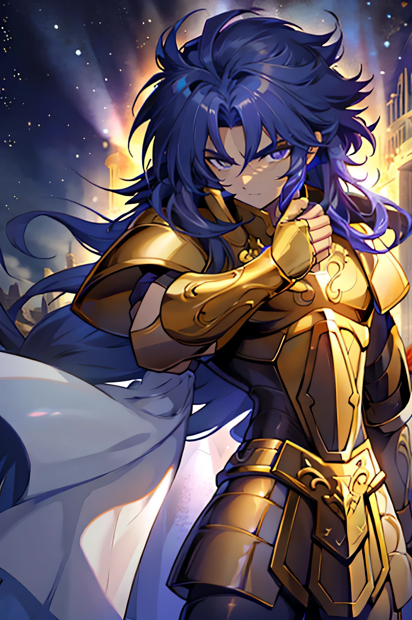 Homem, masculino, male, man, forte, Gemini Armor, cabelo roxo, imponente, corpo inteiro, forte, majestoso, malicioso, imagem detalhada, luz perfeita, Ultra definition image, uhd, imagem uhd, starry sky
