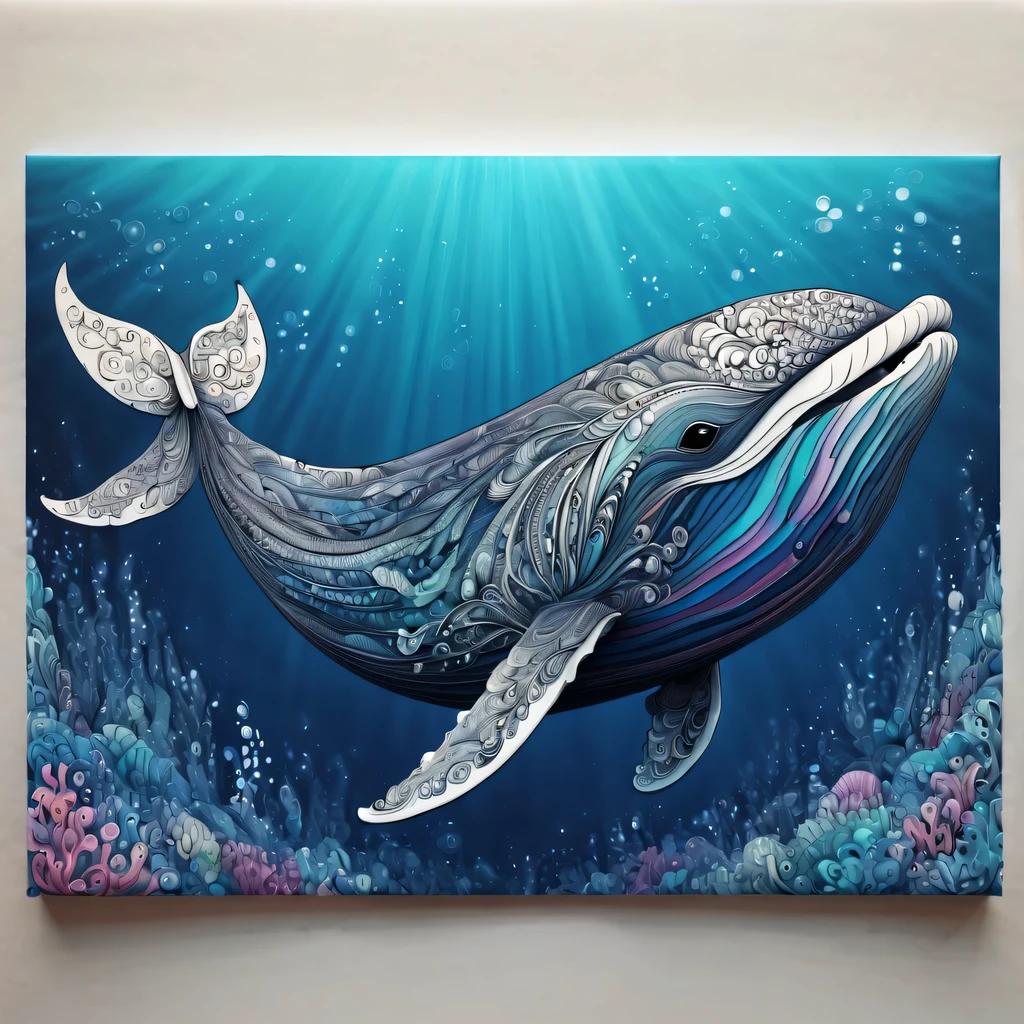 (best quality, highres, ultra sharp), magical ,cute Giant whale, in the ocean, zentangle, full colored, 3d crunch,
