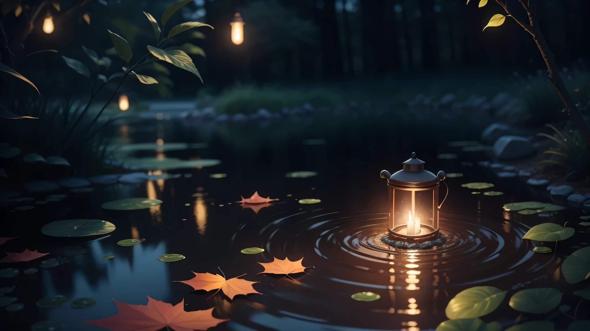 a leaves floating on reflecting water, and some fireflies, nighttime scene, detailed, 4k , hd quality