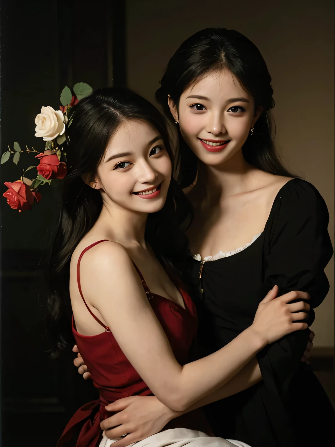 full body portrait ,fruits,Rose ,flower,Rosa,antique,A smile,,Sweet and seductive appearance.、Caravaggio's paintings、Chiaroscuro of Caravaggio,Two women frolicking,Cute smile, Expression of ecstasy