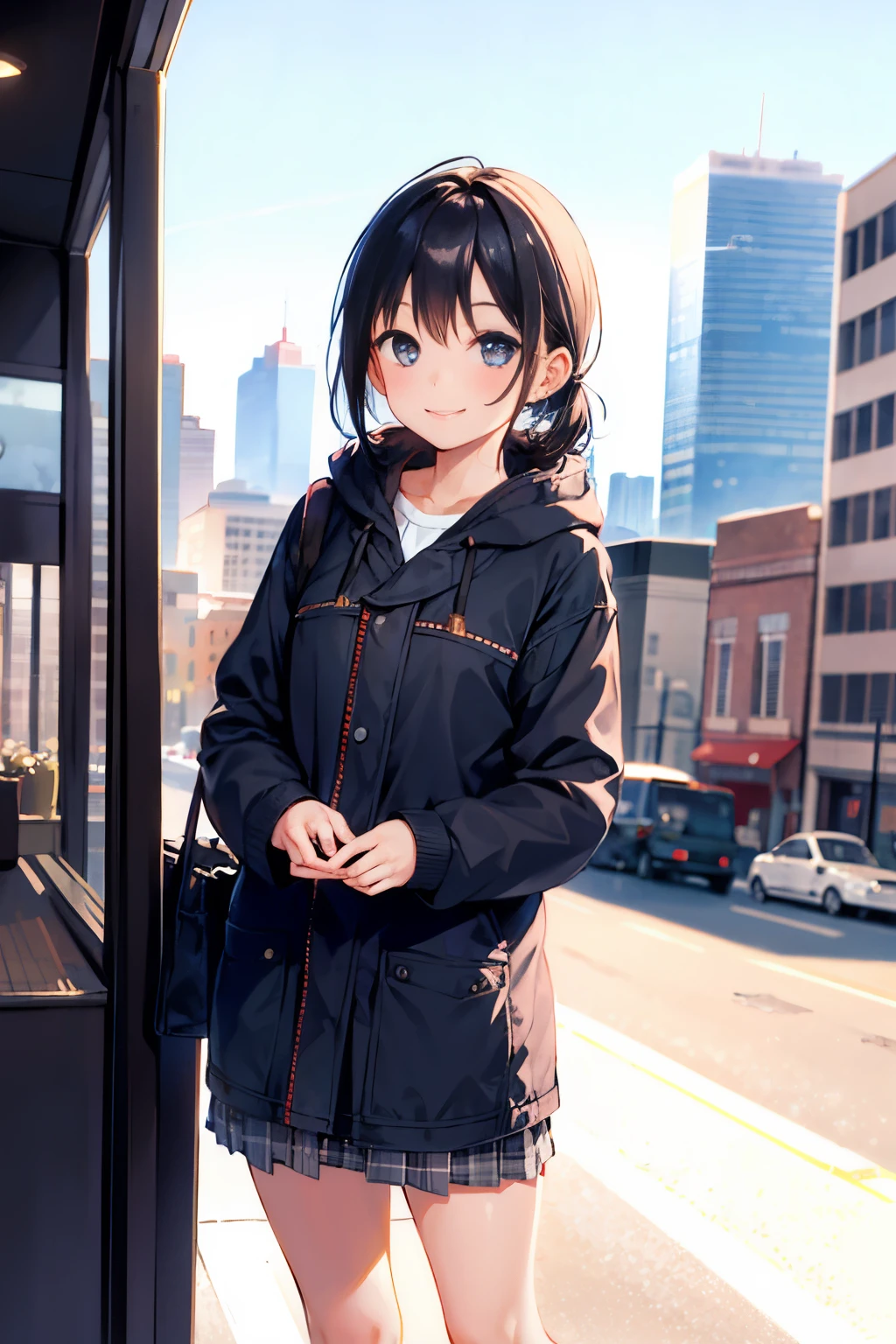 (morning), 1 girl, alone, looking at the viewer, winter, cowboy shot, (downtown), cowboy shot, smile, black hair