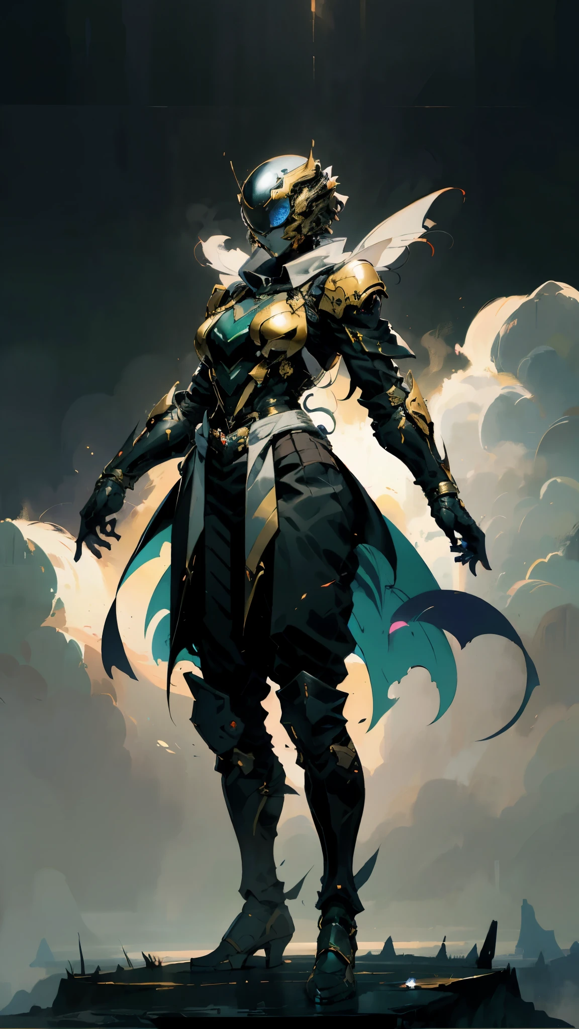 A woman adorned in fantasy-style full-body armor, a crown-concept fully enclosed helmet that unveils only her eyes, a composite layered chest plate, fully encompassing shoulder and hand guards, a lightweight waist armor, form-fitting shin guards, the overall design is heavy-duty yet flexible, (the armor gleams with a golden glow, complemented by red and blue accents), exhibiting a noble aura, she floats above a fantasy-surreal high-tech city, this character embodies a finely crafted fantasy-surreal style armored hero in anime style, exquisite and mature manga art style, (mixture of Queen bee and Spider concept Armor, plasma), ((Element, elegant, goddess, femminine:1.5)), metallic, high definition, best quality, highres, ultra-detailed, ultra-fine painting, extremely delicate, professional, anatomically correct, symmetrical face, extremely detailed eyes and face, high quality eyes, creativity, RAW photo, UHD, 32k, Natural light, cinematic lighting, masterpiece-anatomy-perfect, masterpiece:1.5