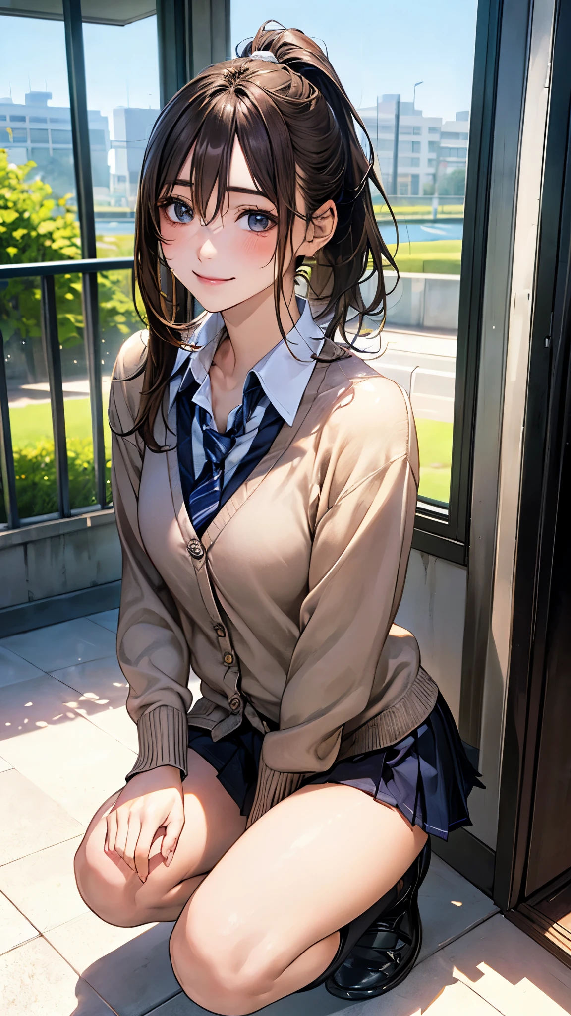 (masterpiece:1.2, top-quality), (realistic, photorealistic:1.4), beautiful illustration, (natural side lighting, movie lighting), nsfw,
looking at viewer, 1 girl, japanese, high school girl, , perfect face, cute and symmetrical face, shiny skin,
(middle hair:1.2, high ponytail, sideburns, light brown hair), hair between eyes, dark green eyes, long eye lasher, (medium breasts), slender,
beautiful hair, beautiful face, beautiful detailed eyes, beautiful clavicle, beautiful body, beautiful chest, beautiful thigh, beautiful legs, beautiful fingers,
((light blue collared shirts, black box pleated mini skirt with line, light brown cardigan), navy tie),
(beautiful scenery), evening, (school hallway), squatting, (lovely smile, upper eyes),