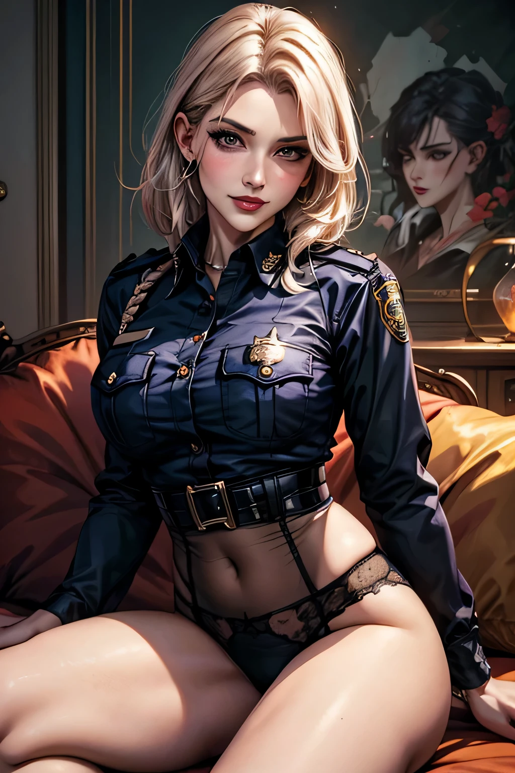 (1 beautiful mature slut), alone, gorgeous face, (blush)、((wearing a police uniform)), grin and laugh、red lips, eye shadow, eyeliner, ((open crotch))、show me your side、such an ass、((Please sit down))、big and full breasts, thighs, bob hair, lingerie、masterpiece, highest quality, 8k, realistic