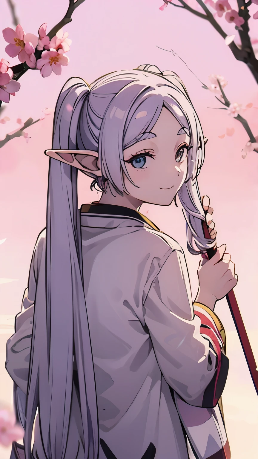 Cherry blossom trees、spring、turn around from behind、whole body、elf、silver hair、twin tails、smiling、has a cane、