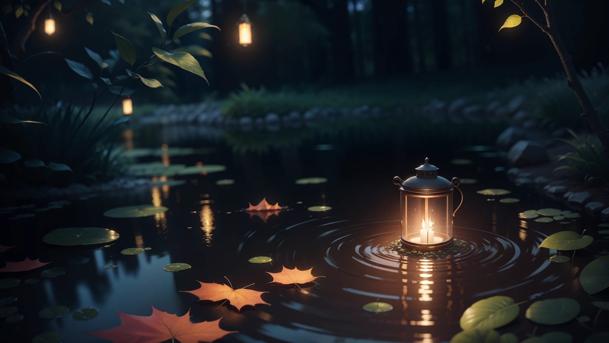 a leaves floating on reflecting water, and some fireflies, nighttime scene, detailed, 4k , hd quality