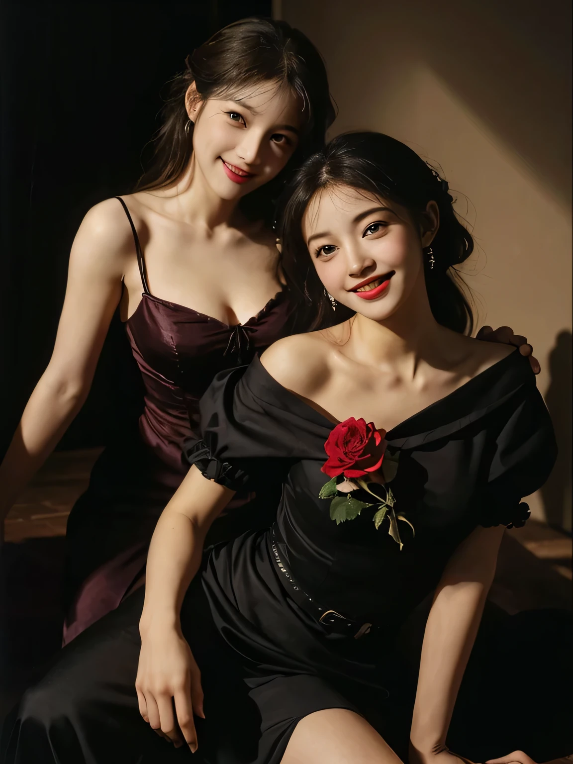 full body portrait ,fruits,Rose ,flower,Rosa,antique,A smile,,Sweet and seductive appearance.、Caravaggio's paintings、Chiaroscuro of Caravaggio,Two women frolicking,Cute smile, Expression of ecstasy