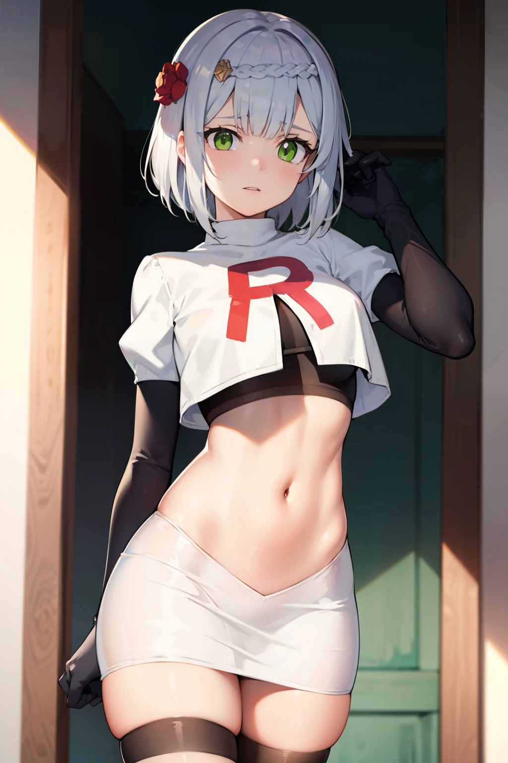 genshinnoelle, noelle, braid, flower, hair flower, hair ornament, short hair, silver hair, (green eyes:1.5),team rocket,team rocket uniform,white skirt,red letter R,crop top,black thigh-highs,black elbow gloves 