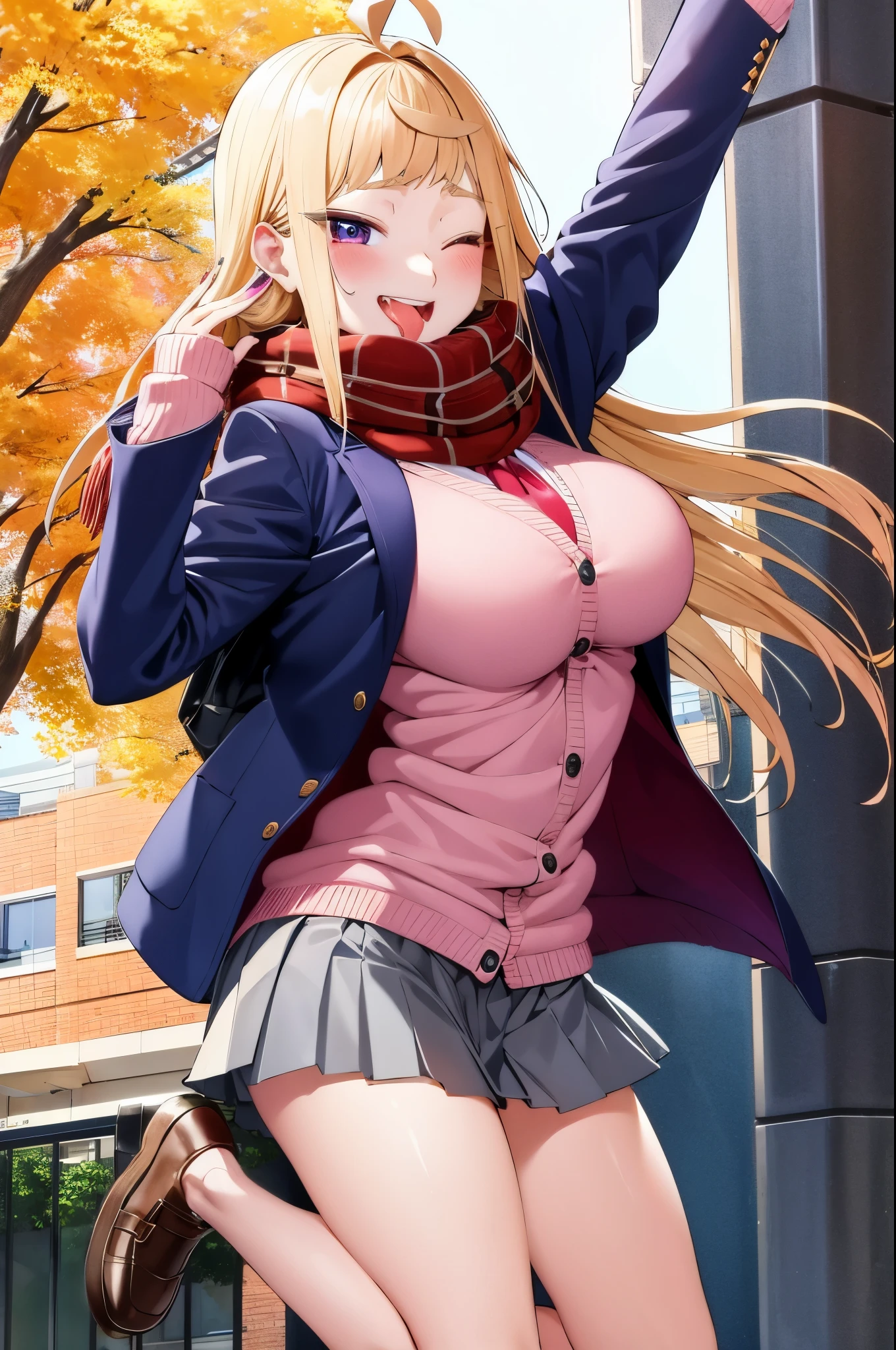 minami_fuyuki, 1girl,ahoge, solo, scarf, one eye closed, breasts, pink cardigan, jacket, cardigan, smile, purple eyes, skirt, red scarf, school uniform, blue nails, looking at viewer, open mouth, large breasts, white background, tongue, blush, blue jacket, breath, bangs, hair behind ear, teeth, pleated skirt, very long hair, grey skirt, tongue out, blazer 