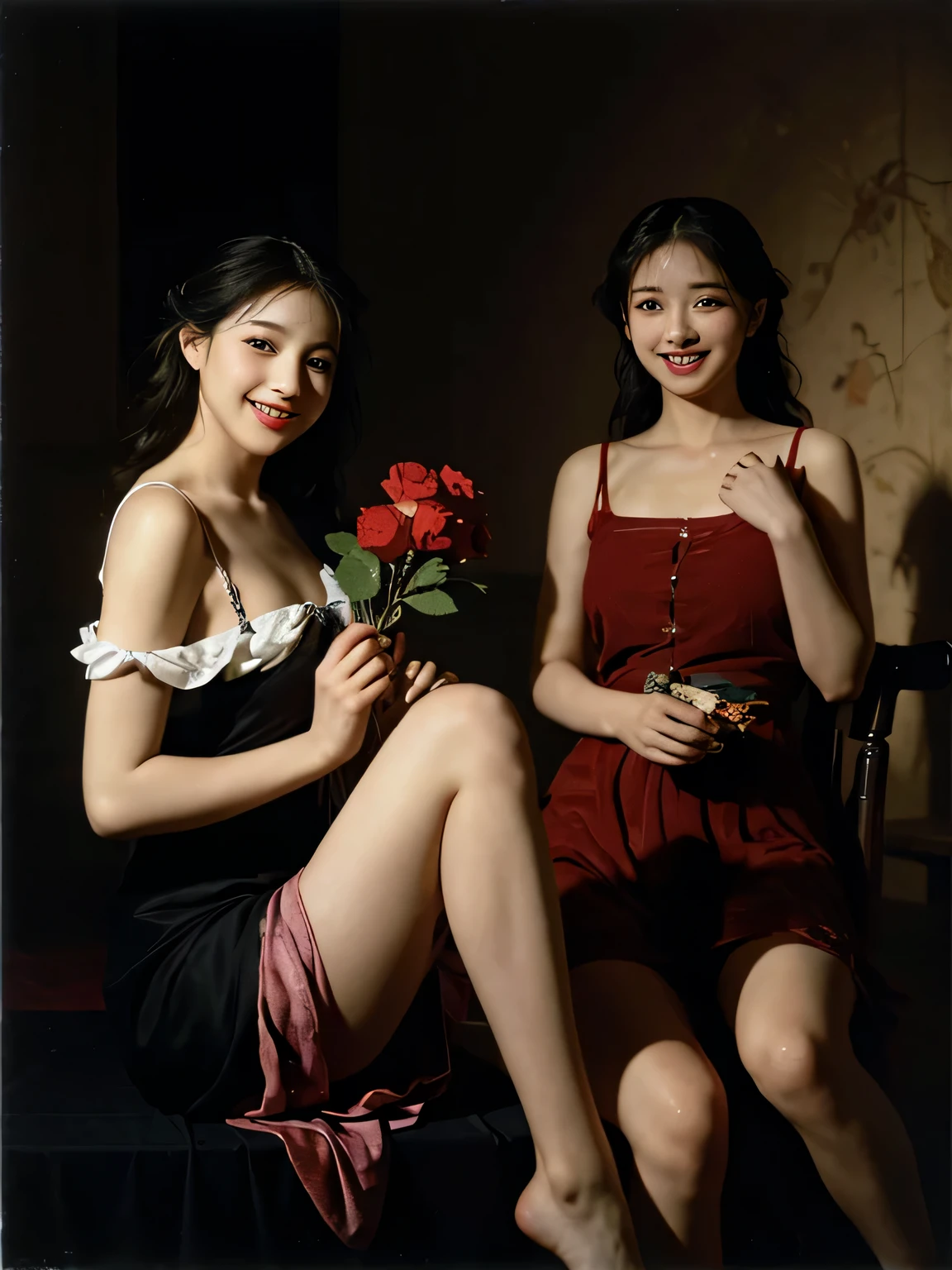 full body portrait ,fruits,Rose ,flower,Rosa,antique,A smile,,Sweet and seductive appearance.、Caravaggio's paintings、Chiaroscuro of Caravaggio,Two women frolicking,Cute smile, Expression of ecstasy