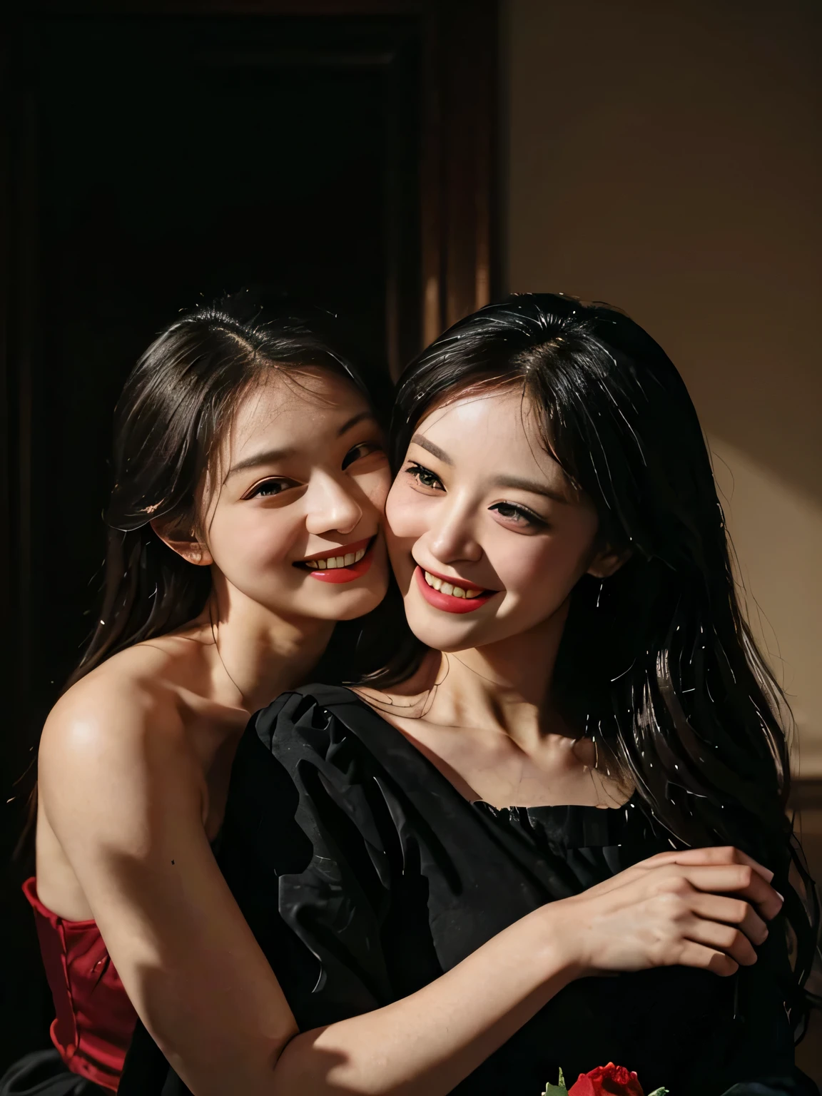 full body portrait ,fruits,Rose ,flower,Rosa,antique,A smile,,Sweet and seductive appearance.、Caravaggio's paintings、Chiaroscuro of Caravaggio,Two women frolicking,Cute smile, Expression of ecstasy