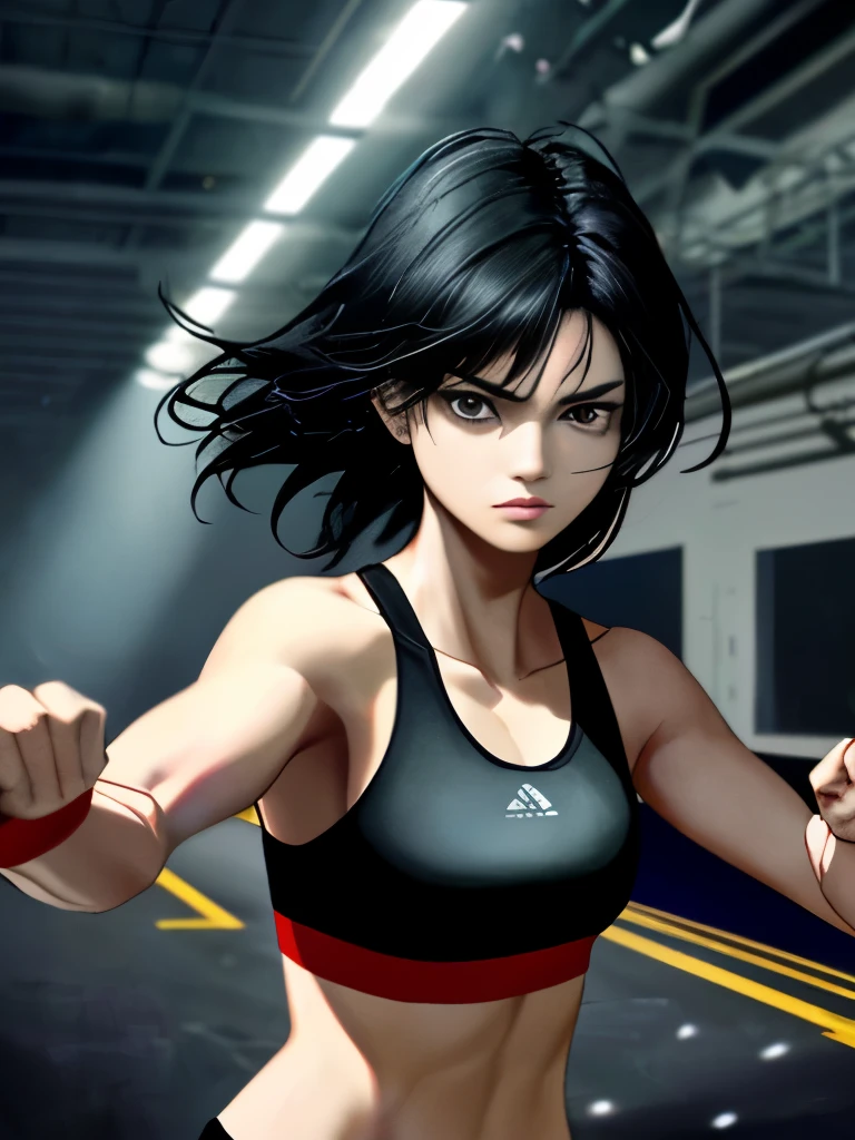 masterpiece、black haired woman、Fighter、sexy black sports bra、sexy black little panties、bare hands、with sharp eyes、fighting pose、Underground fighting arena surrounded by dark wire mesh,Audience roaring with curiosity、25 years old