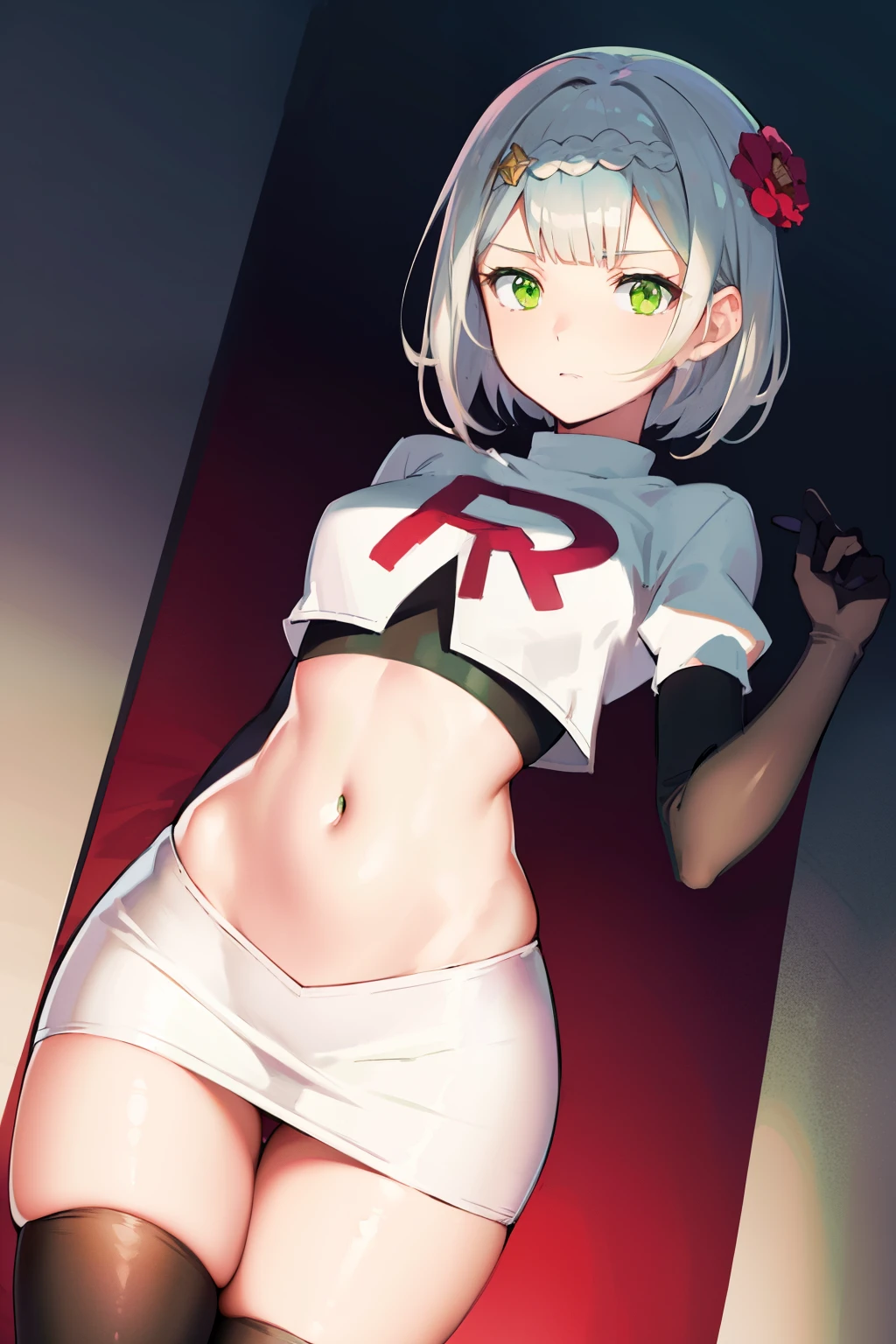 genshinnoelle, noelle, braid, flower, hair flower, hair ornament, short hair, silver hair, (green eyes:1.5),team rocket,team rocket uniform,white skirt,red letter R,crop top,black thigh-highs,black elbow gloves 