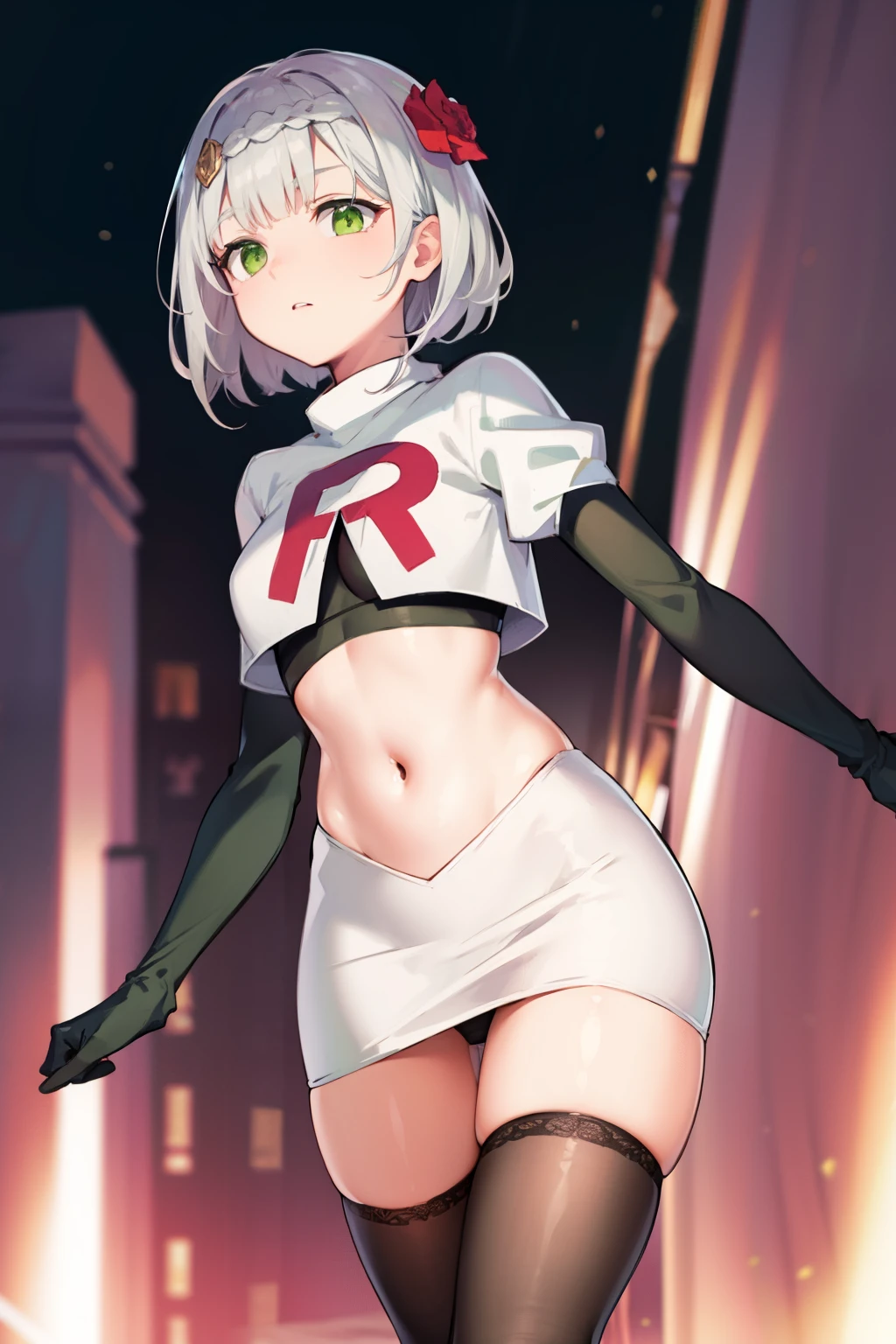 genshinnoelle, noelle, braid, flower, hair flower, hair ornament, short hair, silver hair, (green eyes:1.5),team rocket,team rocket uniform,white skirt,red letter R,crop top,black thigh-highs,black elbow gloves 