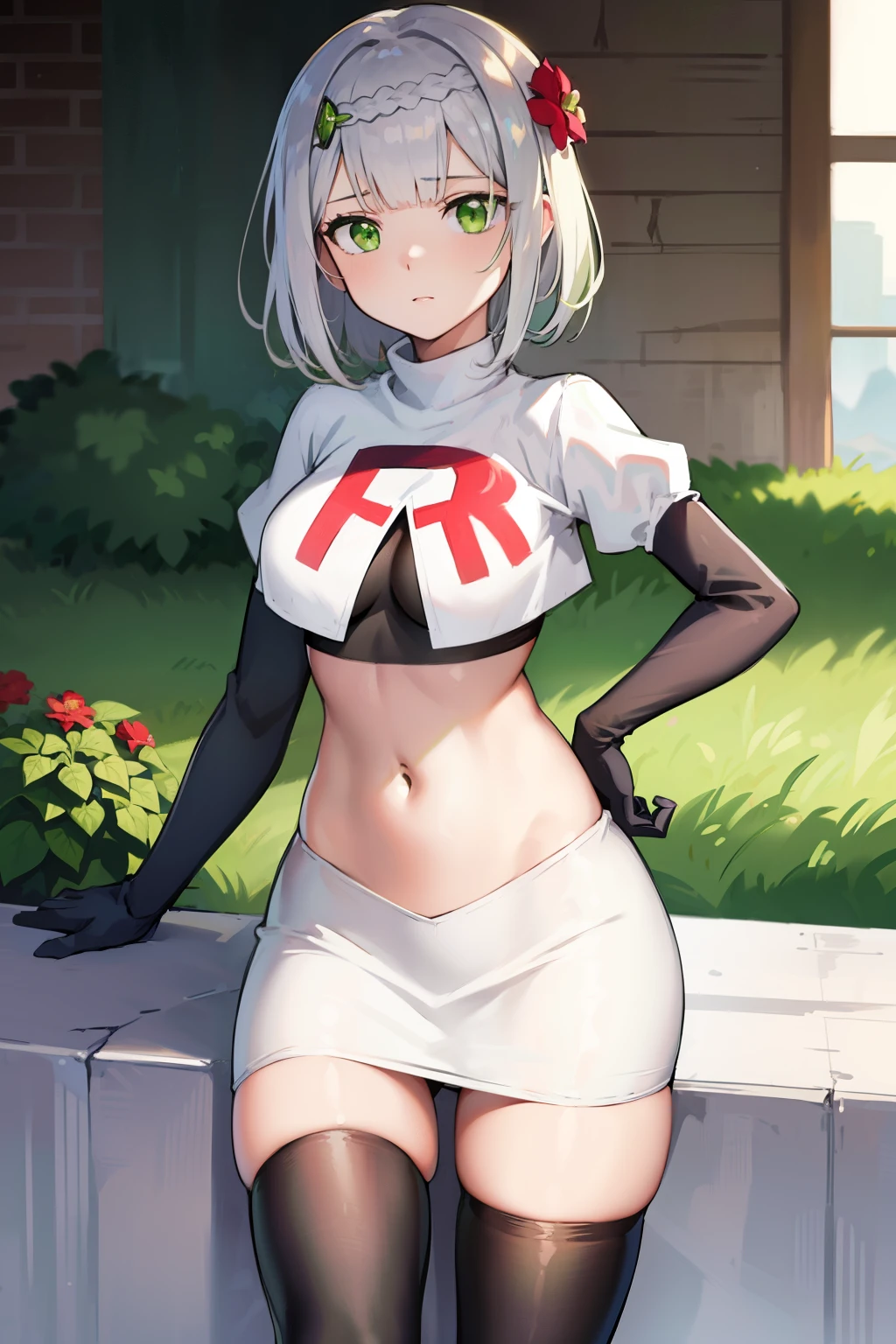 genshinnoelle, noelle, braid, flower, hair flower, hair ornament, short hair, silver hair, (green eyes:1.5),team rocket,team rocket uniform,white skirt,red letter R,crop top,black thigh-highs,black elbow gloves 