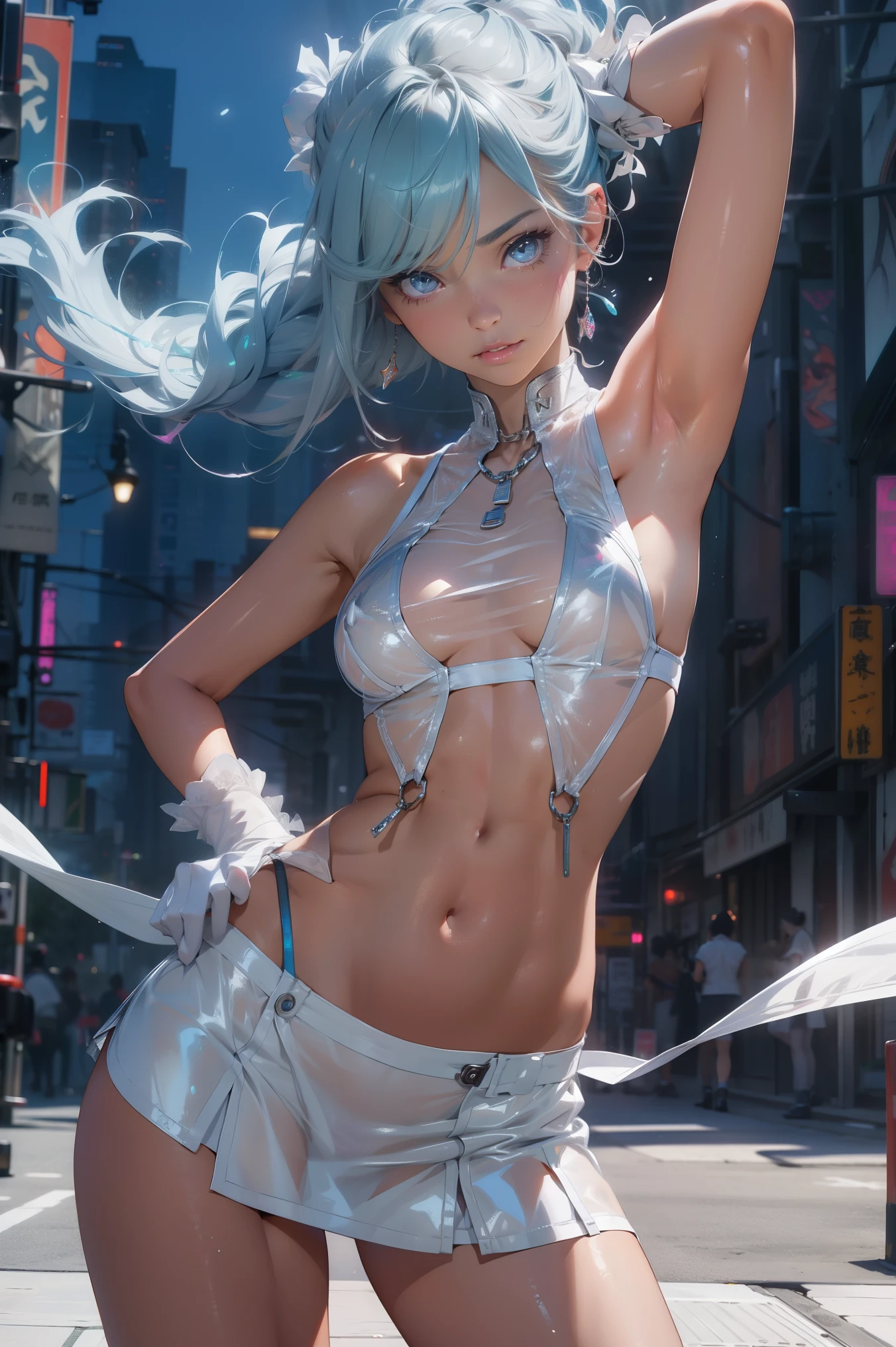 (quality)), ((masterpiece)), Recommended results、puffy nipples、(see through:1.5)、straighten your back、abdominal muscles、huge bust、angle to floor:1.2、Low photographic angle、Hair loss on crotch,Hatsune Miku,cyberpunk,maid ((1 girl)), attractive nipples),big breasts:1.4),Breast sagging,Colored inner hair,))),((Pale nipple skin,),White translucent metallic leather,),skin shiny:1.5,bright skin: 1.5,skin shiny,very skin shiny,shining body,white plastic glitter skin,),(lower abdomen,Yao Liu,wide hips,detailed body,(Detailed face)),maidennurse,Delicate metal decoration,sleeveless,mini skirt,high resolution, sharp focus,(super detailed, Very detailed), (realistic artwork:1.37),(Very detailed CG unity 8k wallpaper,(((bright colors))),(masterpiece),(最好的quality),perfect face,Perfect facial details,super saiyan,Kung Fu Girl