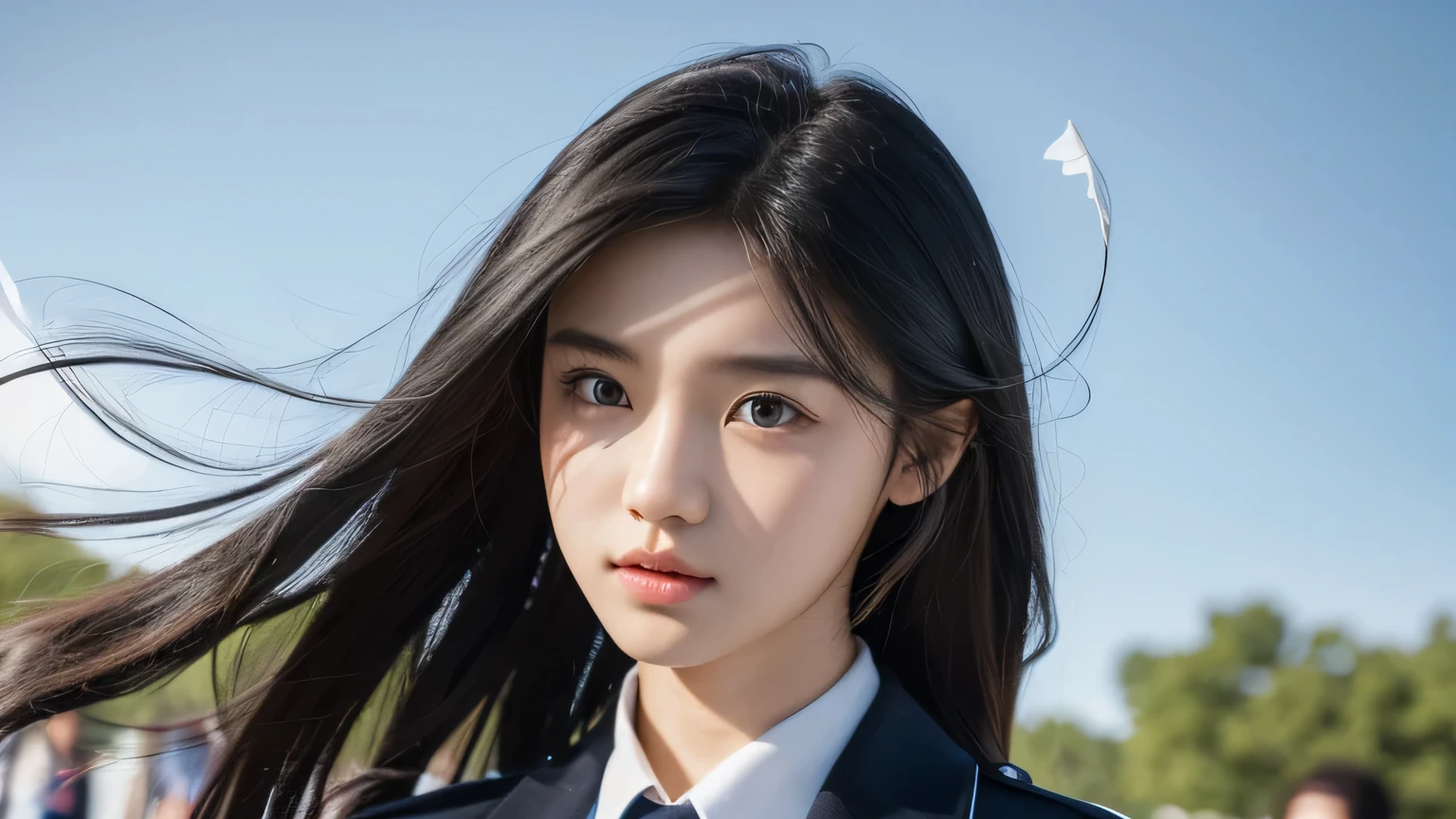  beautiful girl、hair blowing in the wind、Uniform appearance、face portrait、High quality 3D world、realism、写実的で写真のようなrealism、black hair、Fair skin