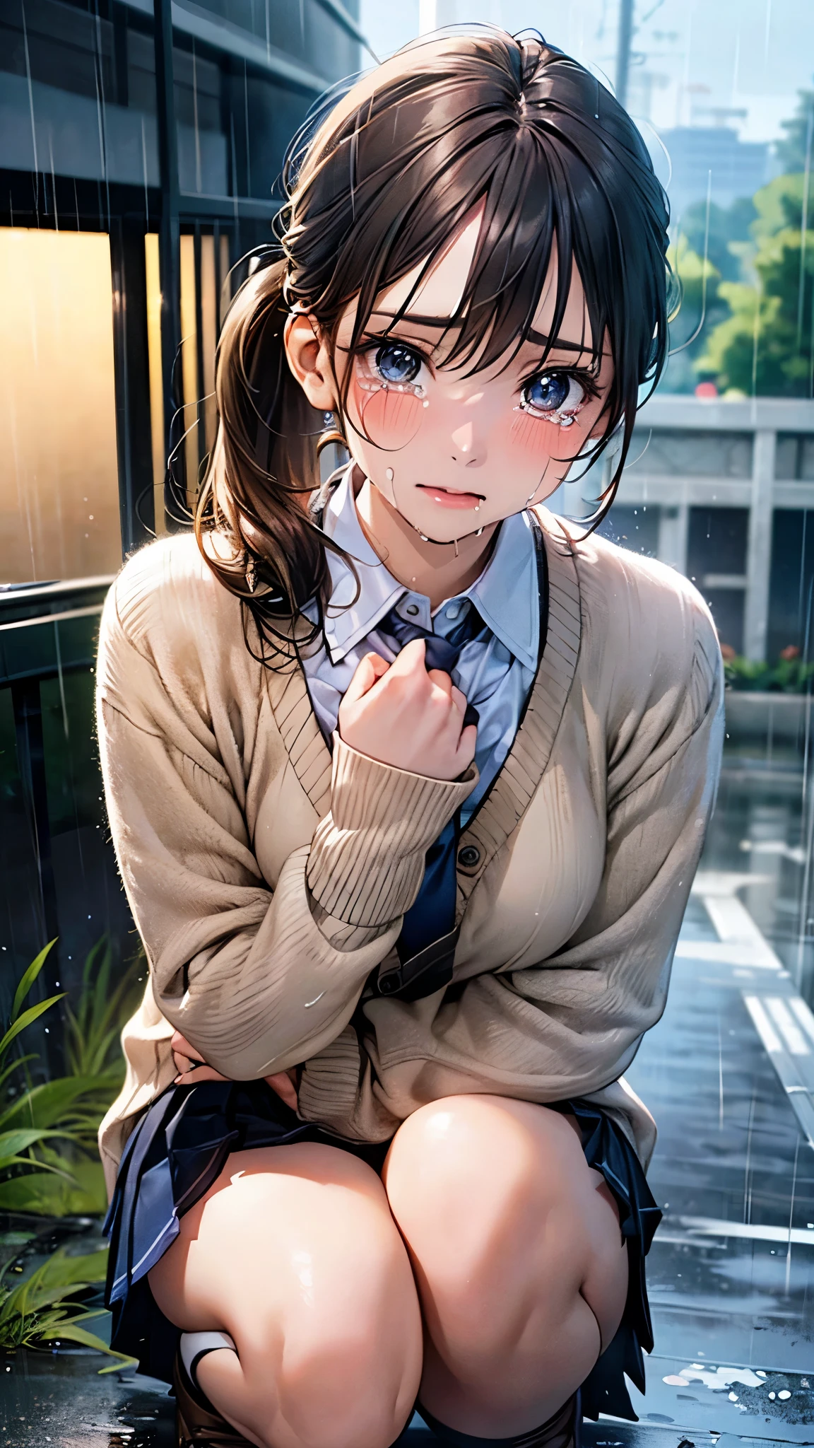 (masterpiece:1.2, top-quality), (realistic, photorealistic:1.4), beautiful illustration, (natural side lighting, movie lighting), nsfw,
looking at viewer, 1 girl, japanese, high school girl, 15 years old, perfect face, cute and symmetrical face, shiny skin,
(middle hair:1.2, high ponytail, sideburns, light brown hair), hair between eyes, dark green eyes, long eye lasher, (medium breasts), slender,
beautiful hair, beautiful face, beautiful detailed eyes, beautiful clavicle, beautiful body, beautiful chest, beautiful thigh, beautiful legs, beautiful fingers,
((light blue collared shirts, black box pleated mini skirt with line, light brown cardigan), navy tie),
(beautiful scenery), night, (outdoors), squatting, hands on chest, (look down, tears), rain:1.8, rainy, wet body,