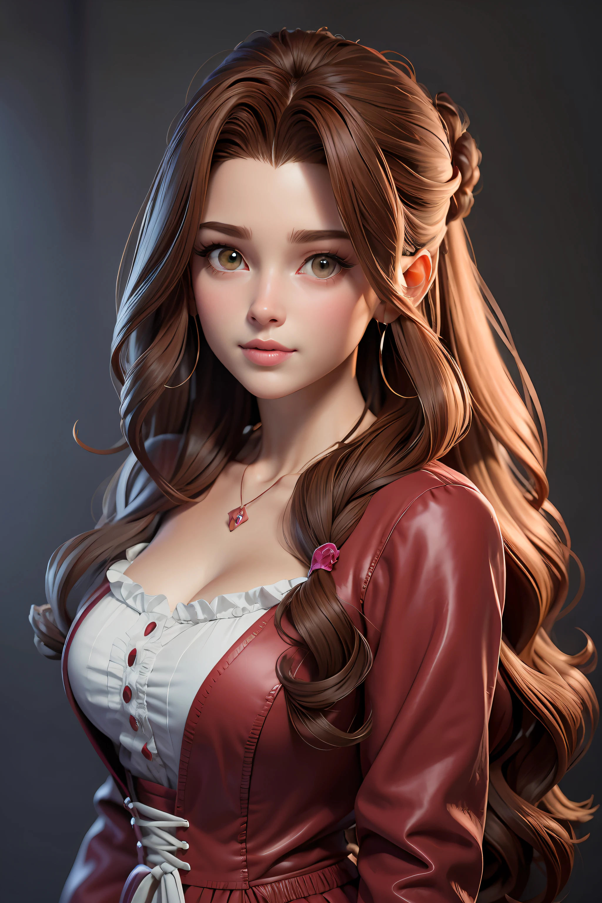 Masterpiece, Best quality,Travail de rendu 3d ,Style 3dMM,gros plan,portrait, 3d,1fille, seulement, cheveux bruns, collier string, looking to the side, Realstic, corps entier, sinple background, frange, looking away, longs cheveux noirs, lips parted, collier, Makeup, long curly brown hair, Yeux verts, Robe rose, clivage, Aerith Gainsborough, Aerith