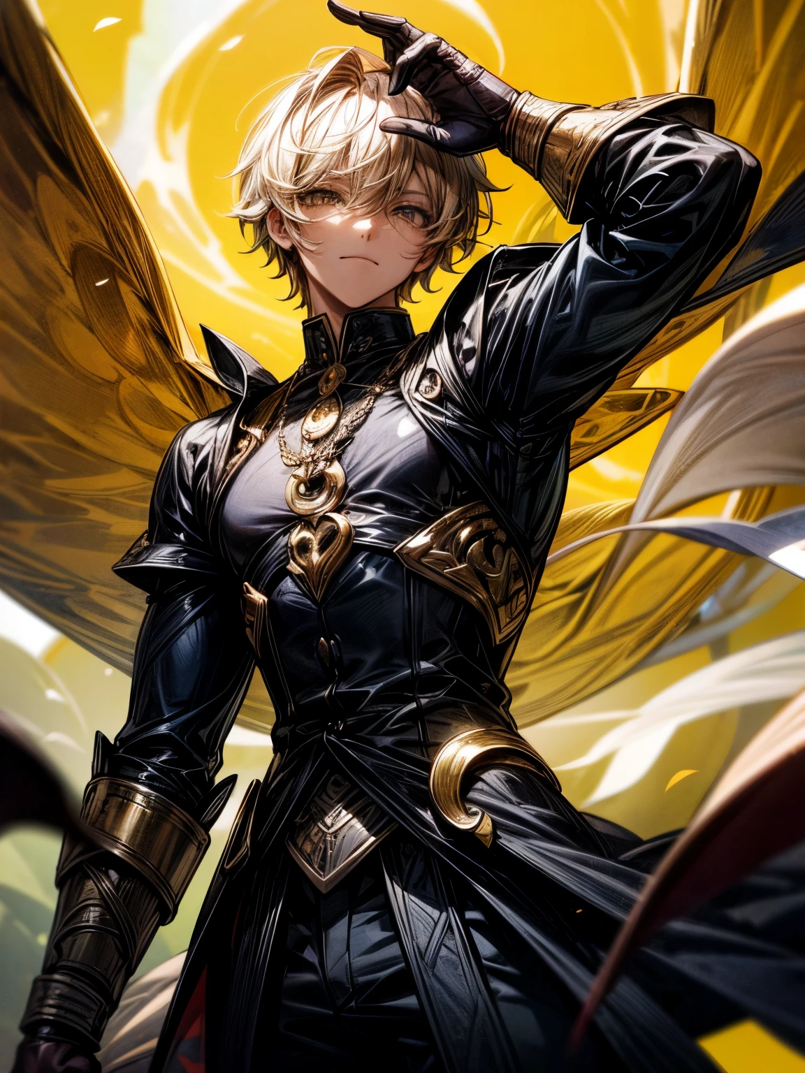 Gere uma imagem de um personagem com os seguintes atributos: ((melhor qualidade)), ((1 PERSONAGEM)). The character is a man with wheat-colored hair, honey amber eyes, a noble and mature appearance, vestindo uma armadura preta coberta por um manto verde. The hair is short and wavy, with a neutral expression. The character is adorned with a crescent moon, completo, e colar de lua minguante, bem como um colar de ametista. lua de sangue. The style is manga, Pose Nobre