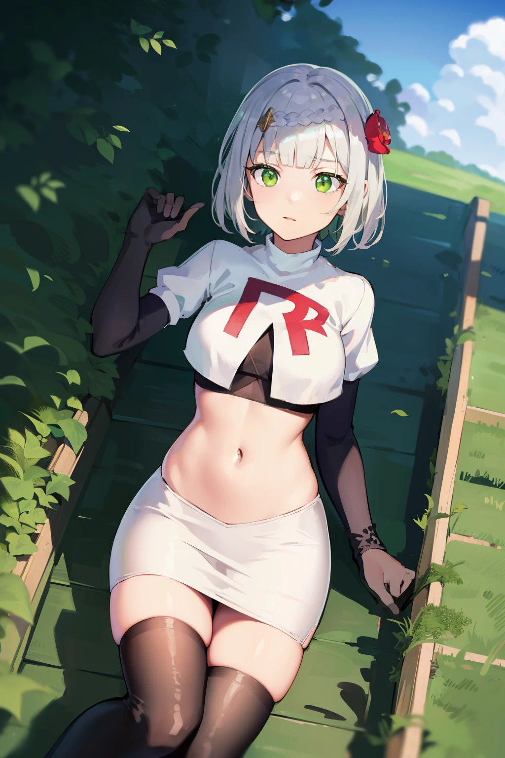 genshinnoelle, noelle, braid, flower, hair flower, hair ornament, short hair, silver hair, (green eyes:1.5),team rocket,team rocket uniform,white skirt,red letter R,crop top,black thigh-highs,black elbow gloves 