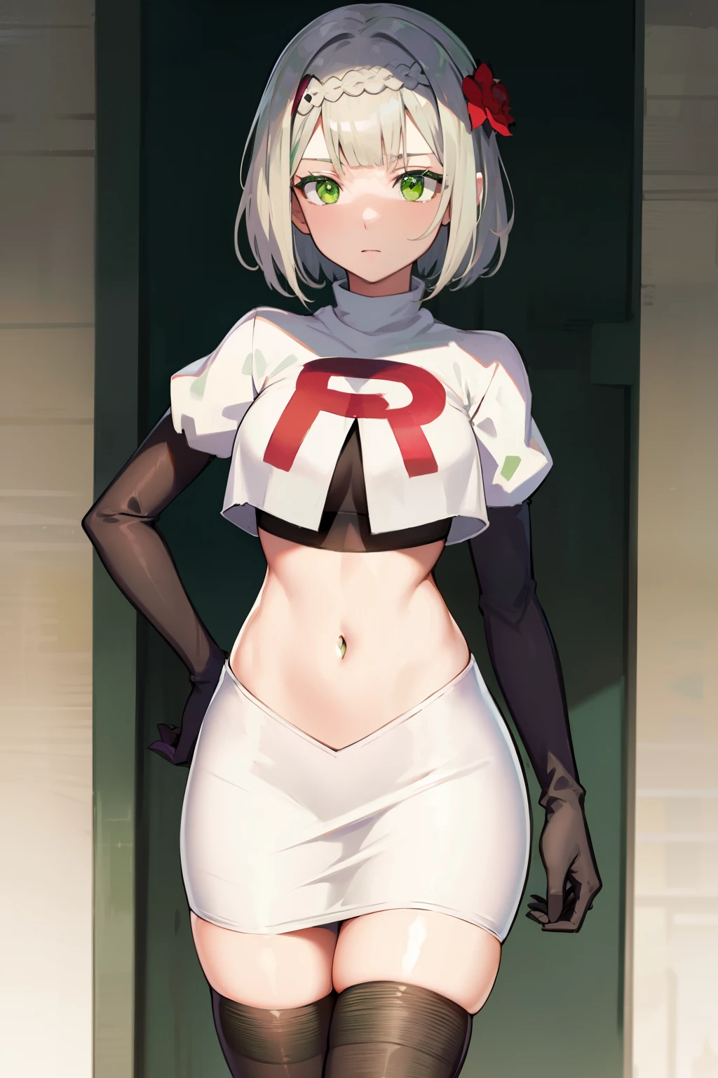 genshinnoelle, noelle, braid, flower, hair flower, hair ornament, short hair, silver hair, (green eyes:1.5),team rocket,team rocket uniform,white skirt,red letter R,crop top,black thigh-highs,black elbow gloves