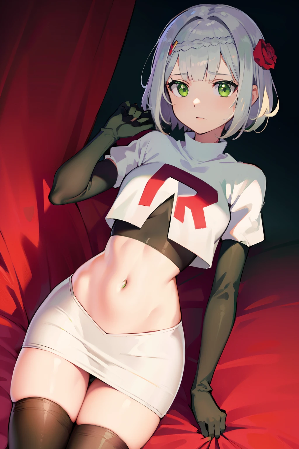 genshinnoelle, noelle, braid, flower, hair flower, hair ornament, short hair, silver hair, (green eyes:1.5),team rocket,team rocket uniform,white skirt,red letter R,crop top,black thigh-highs,black elbow gloves 