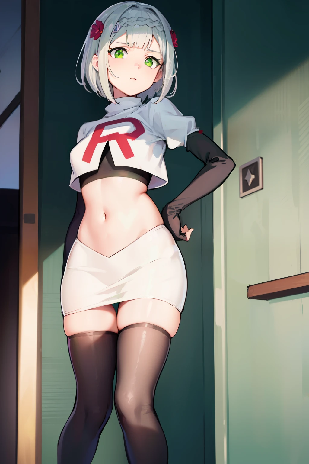 genshinnoelle, noelle, braid, flower, hair flower, hair ornament, short hair, silver hair, (green eyes:1.5),team rocket,team rocket uniform,white skirt,red letter R,crop top,black thigh-highs,black elbow gloves 