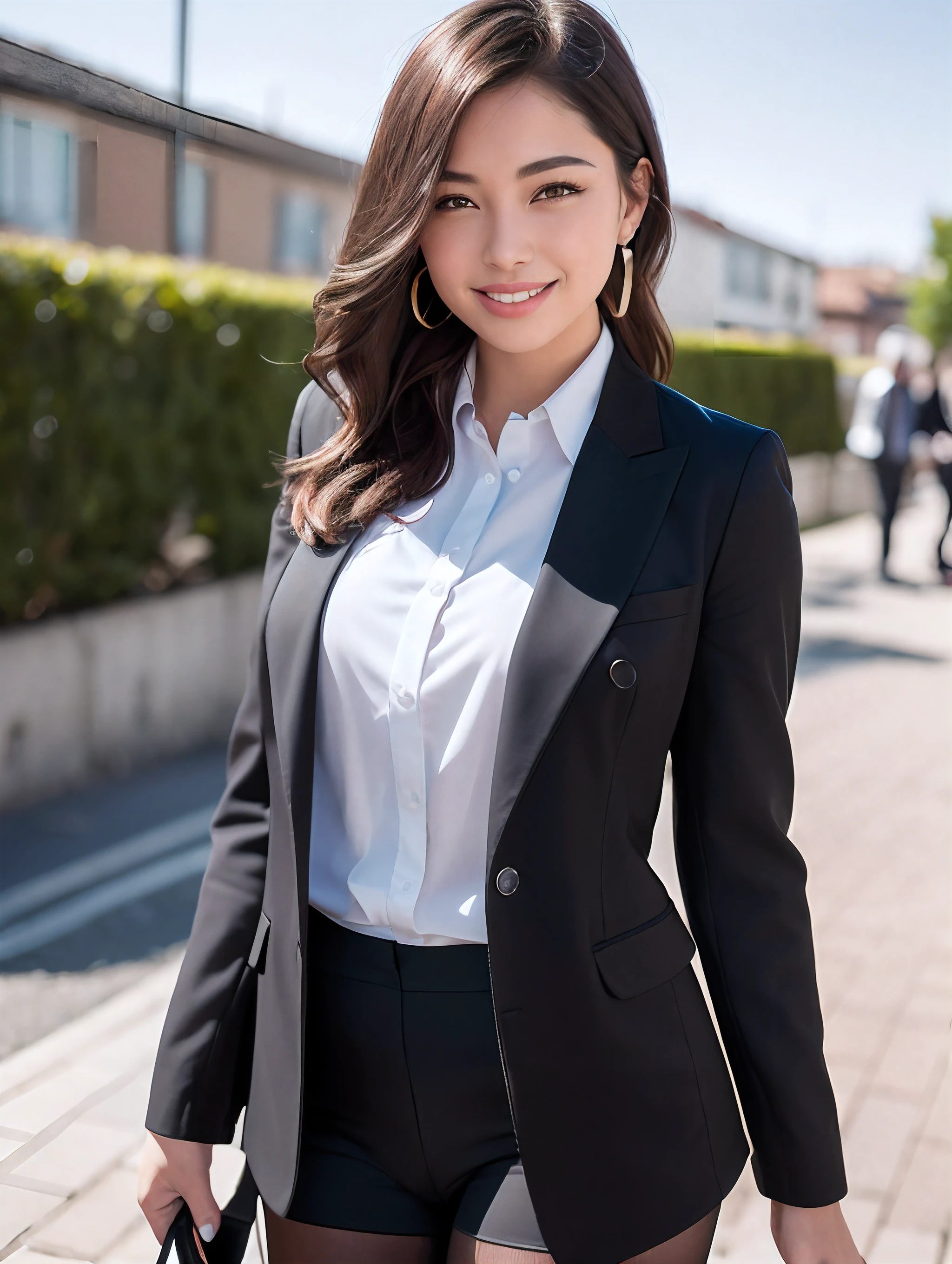 (8k, highest quality, masterpiece:1.2),
(realistic, realistic:1.37),
super detailed,
1 girl, full body esbian, outdoors, (adjust hair:1.5)
office lady, black office blazer, office skirt, (pantyhose:1.2), (down shirt with short buttons:1.2), Up collar prim with buttons, button down collar prim, good, (pantyhose:1.2), alpha layer, high heels,
beautiful earrings,
cute,
beautiful and detailed sky,
(smile:1.15),
(closed mouth),
small breasts,
detailed and beautiful eyes,
business suit,
(short hair:1.2),
Floating hair NovaFrogStyle,