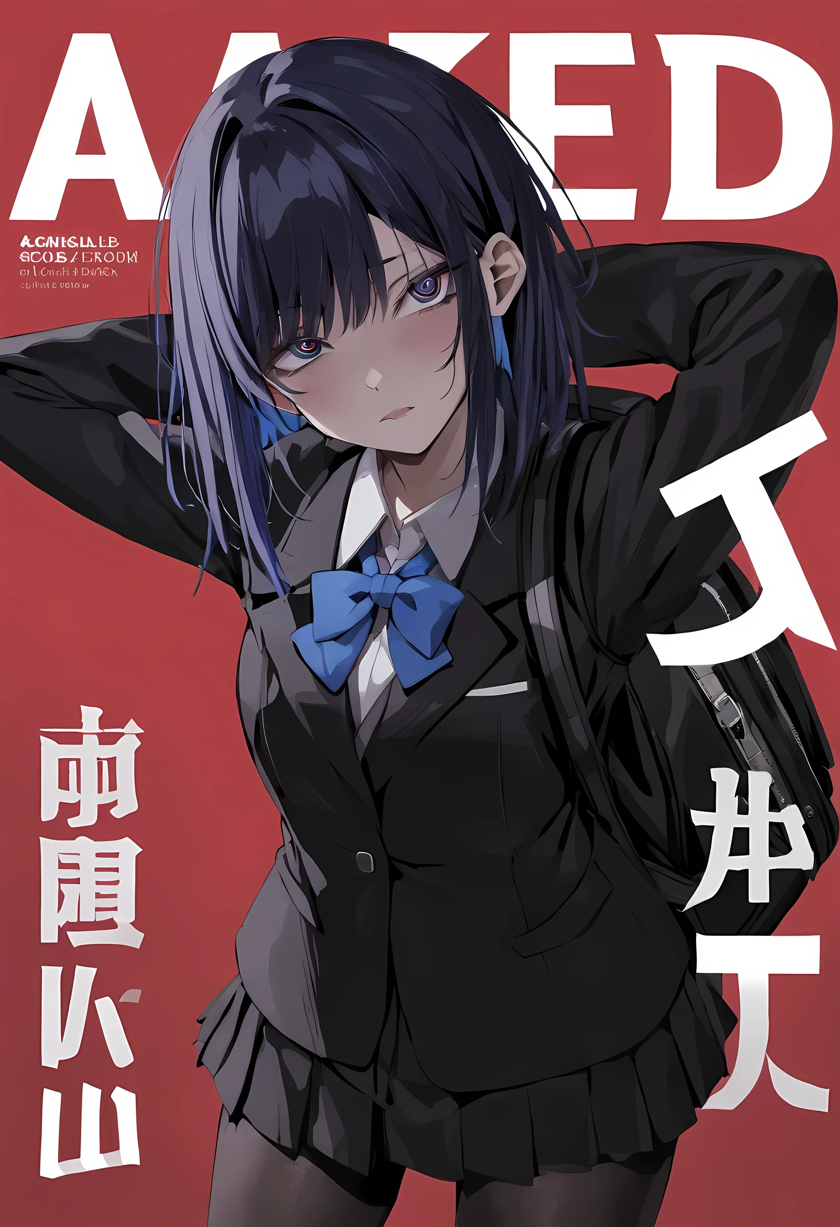 masterpiece, best quality, reze, detailed eyes, hands behind head:1.2, perfect hands, (magazine cover, bold letters, striking bold font, comic cover), wearing black backpack, cool expression, medium shot, 1girl, solo, negative space, red background, red background, wearing black backpack, a girl in a school uniform, detailed blue eyes:1, half closed eyes, detailed eyelashes, sharp eyes, dark royal blue hair, medium length hair, hair behind ear, side bangs, (black blazer, black pleated skirt, black tights), simple, facing viewer, manga illustration-style, bangs, 18 years old, rating: questionable, wearing black backpack, black straps:1, black blazer:1, long-sleeved blazer,
