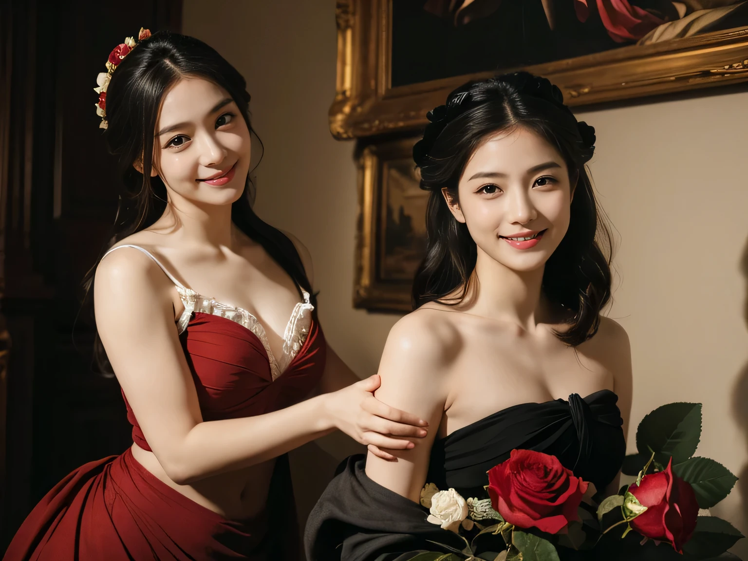 full body portrait ,fruits,Rose ,flower,Rosa,antique,A smile,,Sweet and seductive appearance.、Caravaggio's paintings、Chiaroscuro of Caravaggio,Two women frolicking,Cute smile, Expression of ecstasy