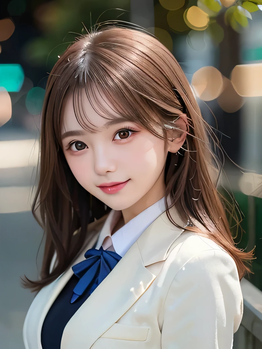 table top, highest quality, super detailed, finely, High resolution, 8k wallpaper, perfect dynamic composition, 1 girl, japanese girl, enchanting smile, smile shyly, beautiful, Very good-looking, cute like a doll, female idol, round big eyes, droopy eyes, small nostrils, 緻密でbeautiful目, natural lip,blazer , Japanese high school uniform, big breasts, bust shot, soft light, using a reflector, (50mm lens:1.3), f/1.4, (Bokeh:1.4), (blurred background:1.4),