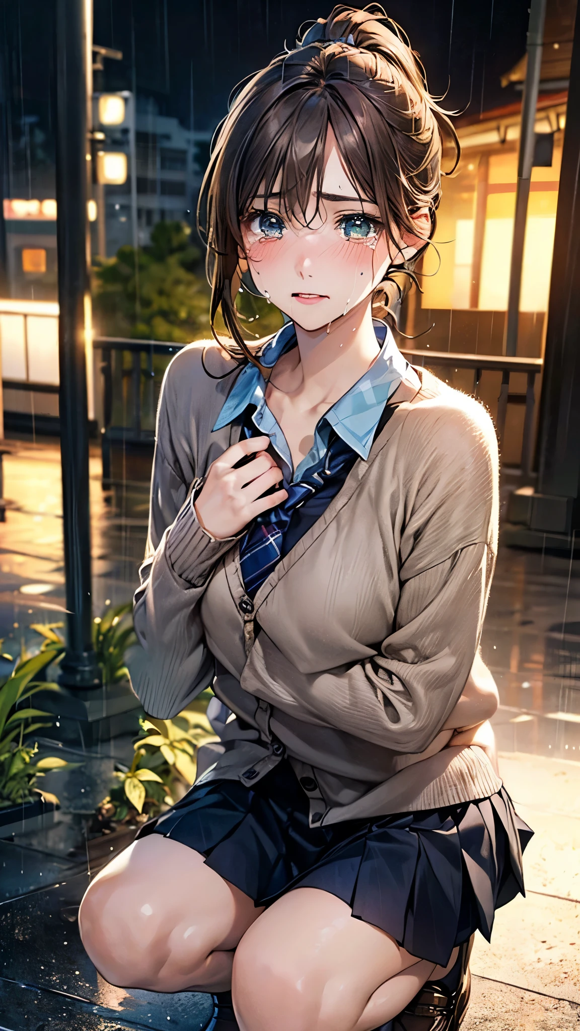 (masterpiece:1.2, top-quality), (realistic, photorealistic:1.4), beautiful illustration, (natural side lighting, movie lighting), nsfw, 
looking at viewer, 1 girl, japanese, high school girl, 15 years old, perfect face, cute and symmetrical face, shiny skin, 
(middle hair:1.2, high ponytail, sideburns, light brown hair), hair between eyes, dark green eyes, long eye lasher, (medium breasts), slender, 
beautiful hair, beautiful face, beautiful detailed eyes, beautiful clavicle, beautiful body, beautiful chest, beautiful thigh, beautiful legs, beautiful fingers, 
((light blue collared shirts, black box pleated mini skirt with line, light brown cardigan), navy tie), 
(beautiful scenery), night, (outdoors), squatting, hands on chest, (look down, tears), rain:1.8, rainy, wet body, 